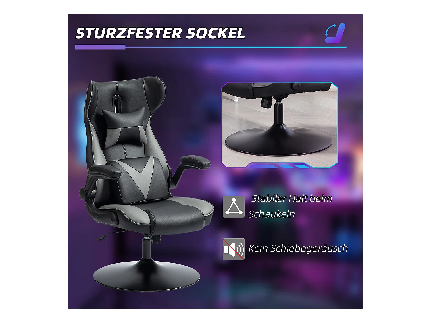 Chaise de gaming ergonomique, avec fonction basculante, en cuir synthétique, noir et gris, (67x75x106-112 cm)