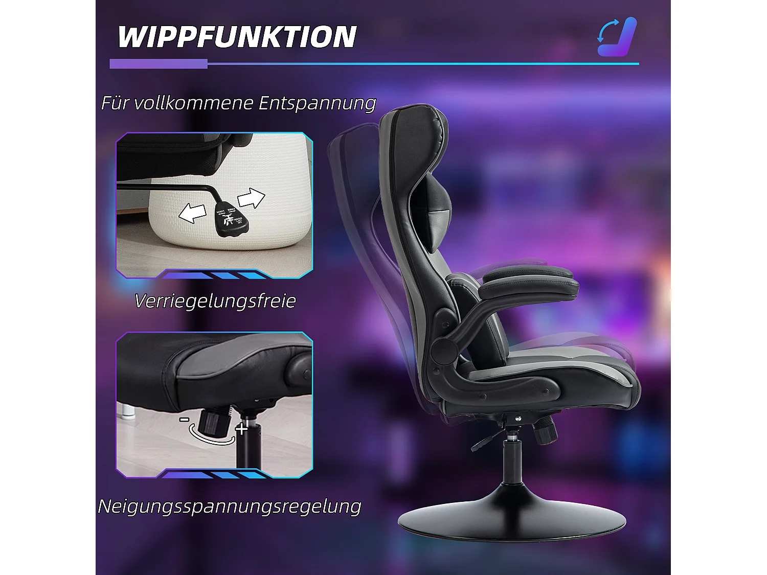 Chaise de gaming ergonomique, avec fonction basculante, en cuir synthétique, noir et gris, (67x75x106-112 cm)