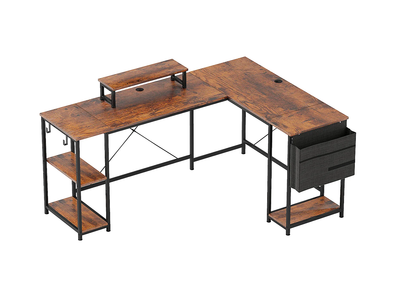 Bureau d’angle en L avec rangements modulables, bois, marron rustique (168x120x90cm)