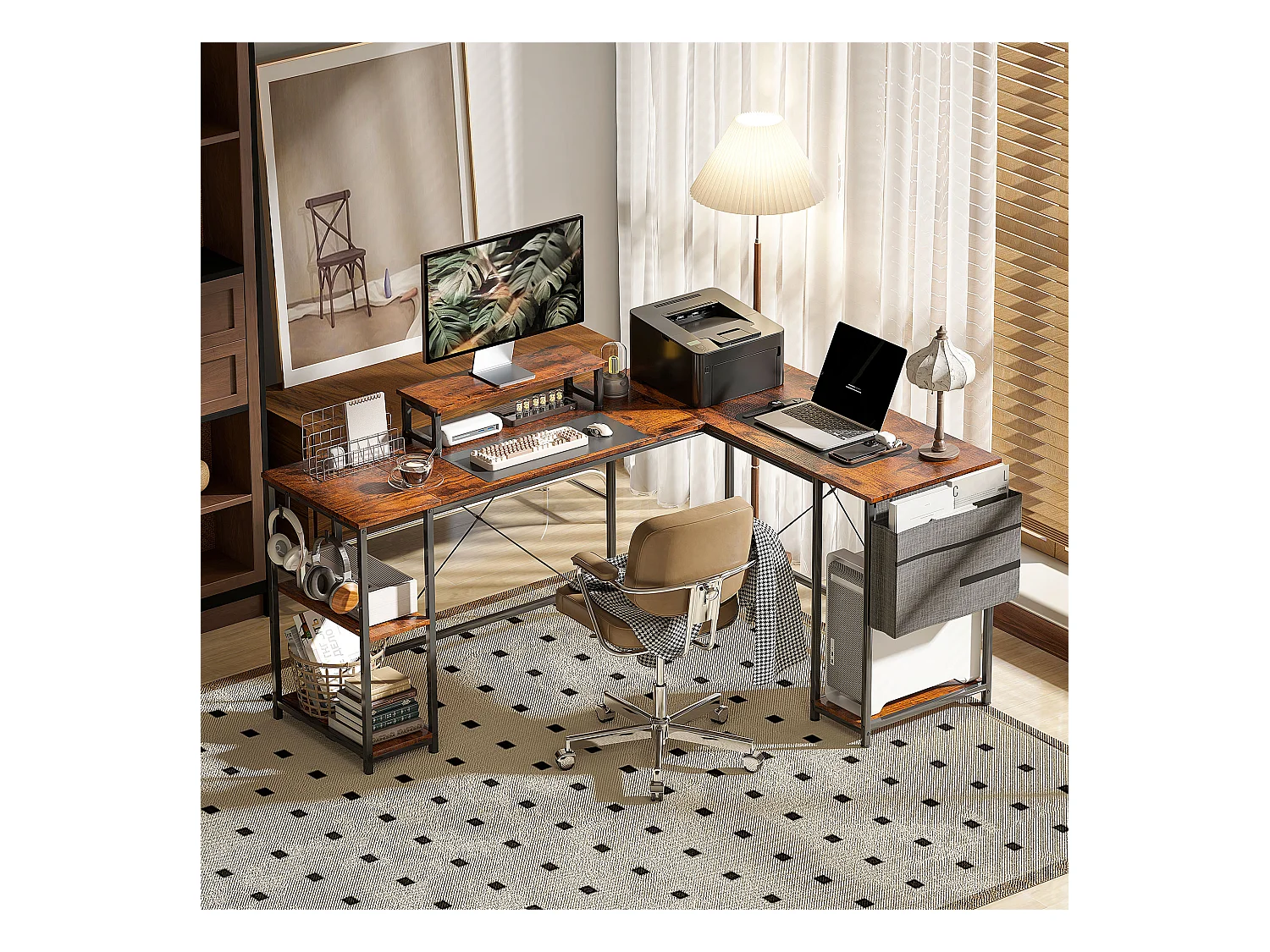 Bureau d’angle en L avec rangements modulables, bois, marron rustique (168x120x90cm)