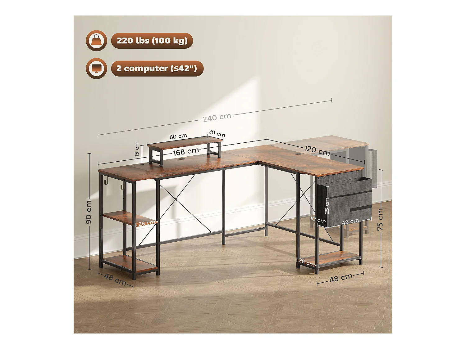 Bureau d’angle en L avec rangements modulables, bois, marron rustique (168x120x90cm)