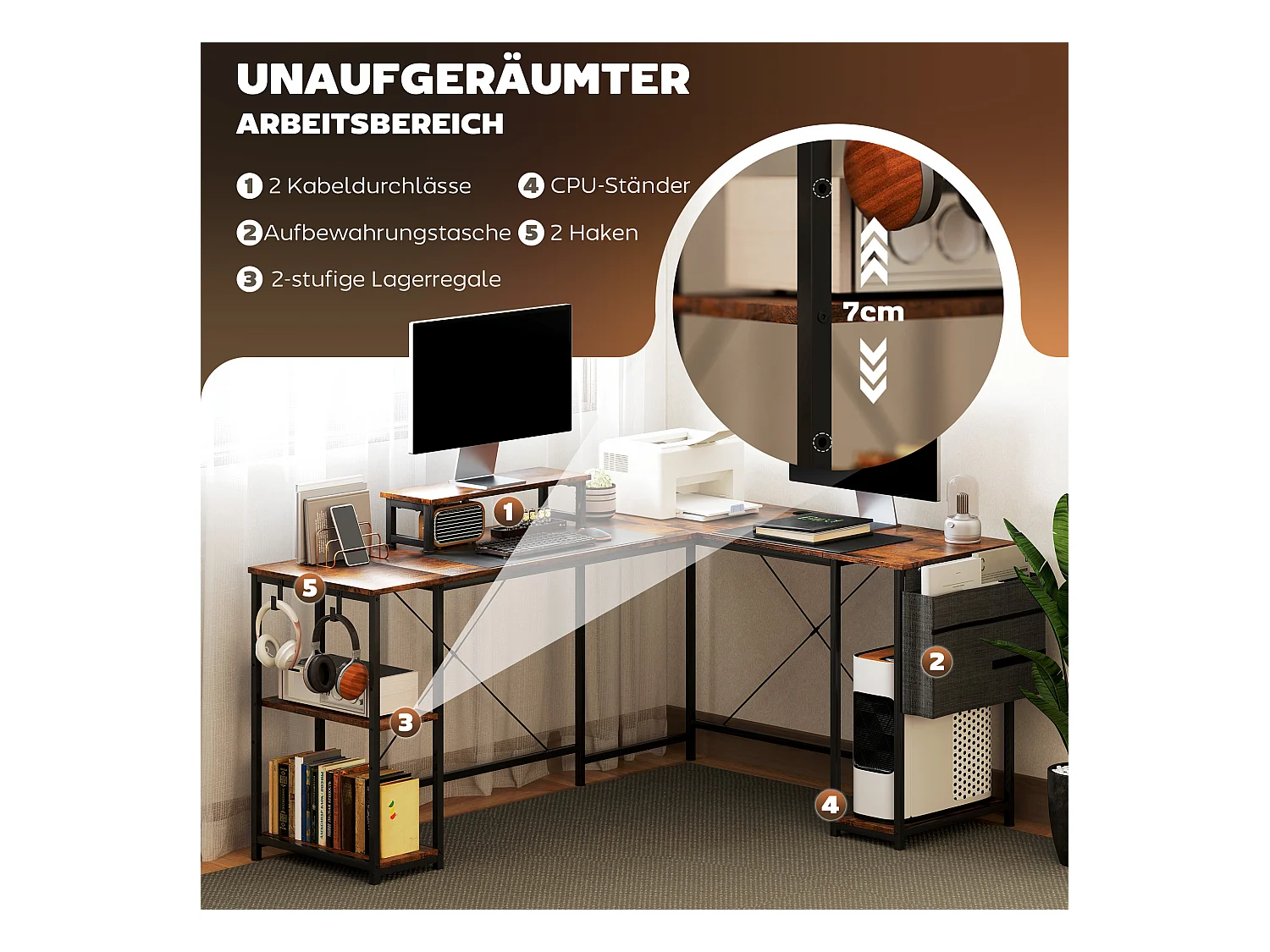 Bureau d’angle en L avec rangements modulables, bois, marron rustique (168x120x90cm)