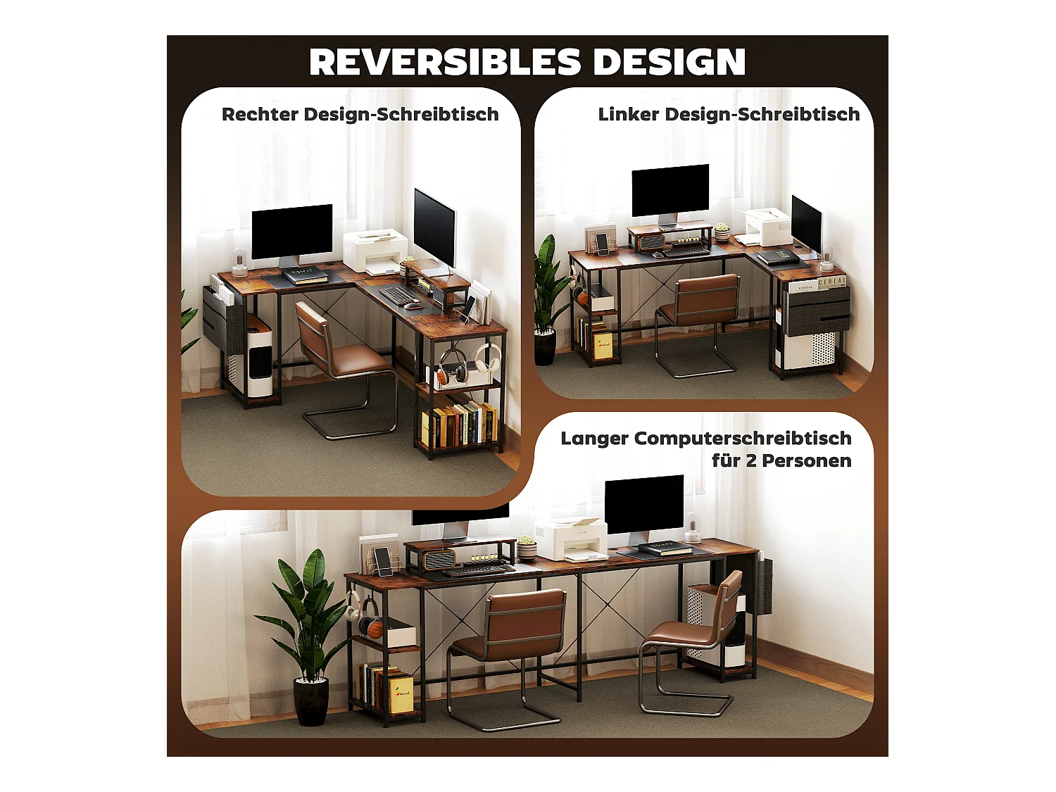 Bureau d’angle en L avec rangements modulables, bois, marron rustique (168x120x90cm)