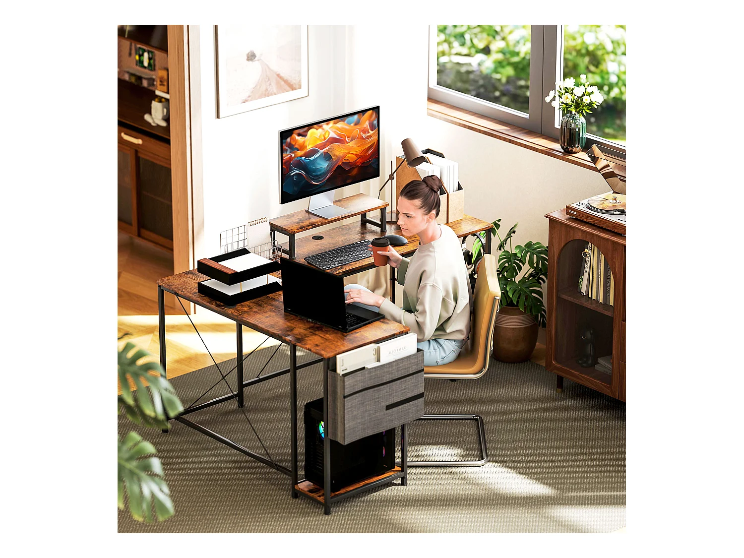 Bureau d’angle en L avec rangements modulables, bois, marron rustique (168x120x90cm)