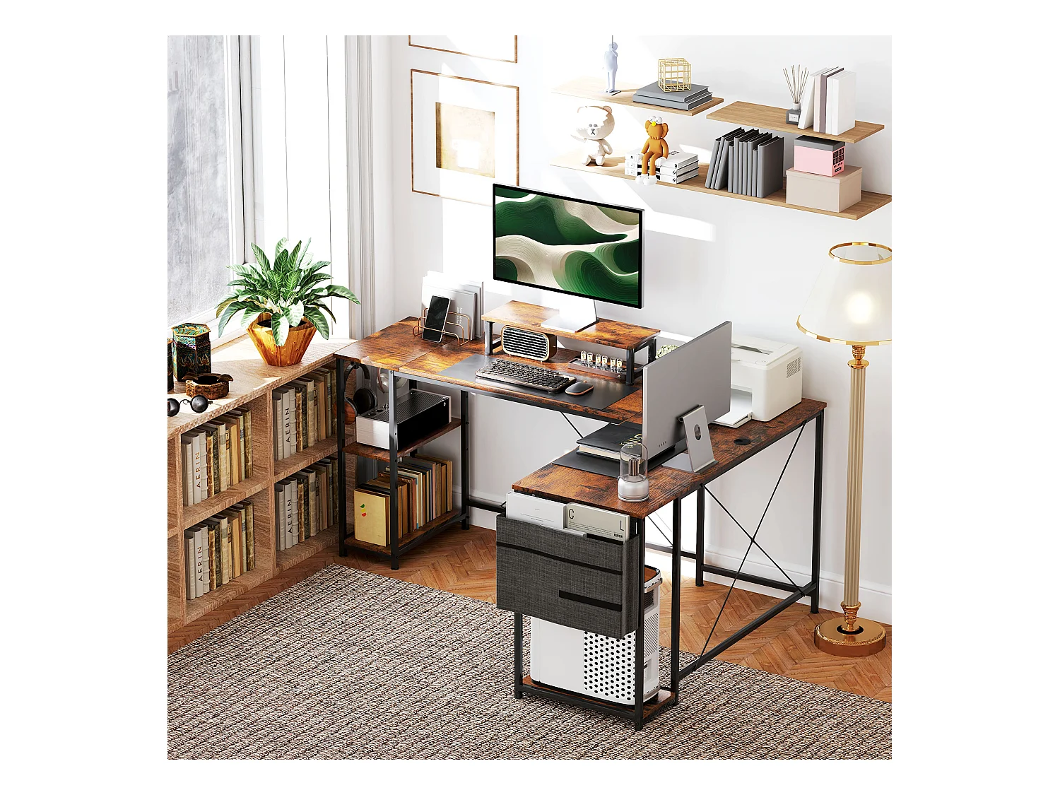 Bureau d’angle en L avec rangements modulables, bois, marron rustique (168x120x90cm)