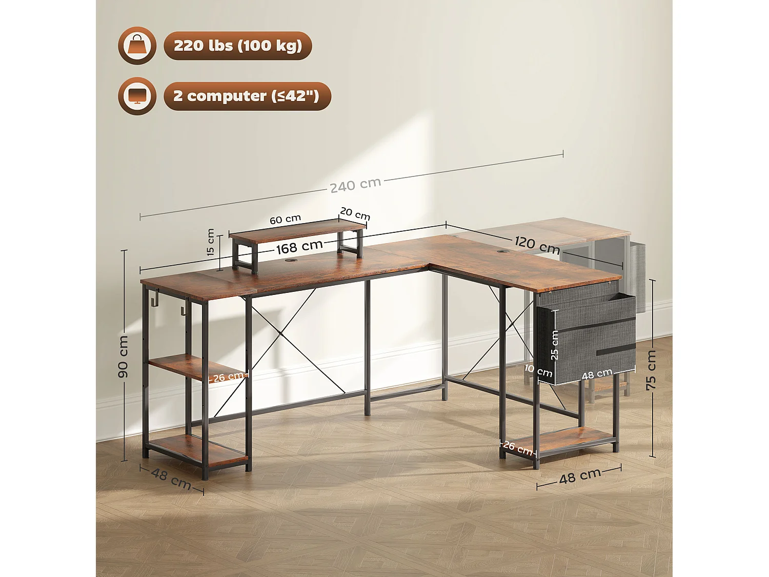 Bureau d’angle en L avec rangements modulables, bois, marron rustique (168x120x90cm)