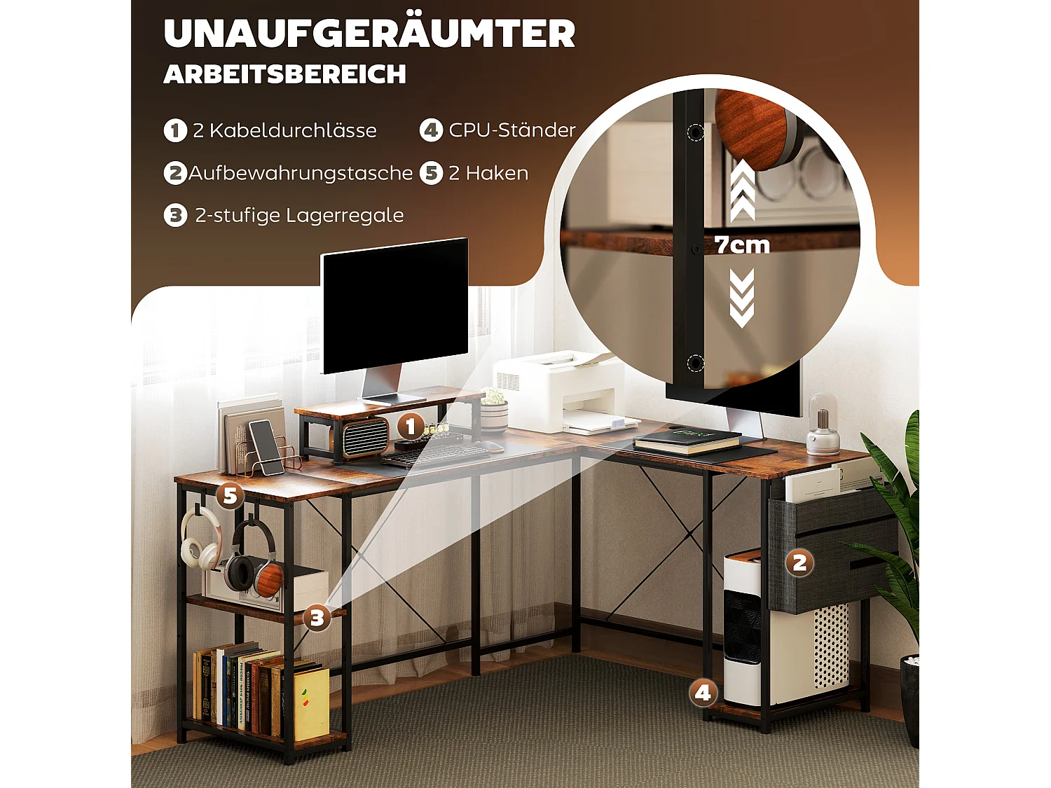 Bureau d’angle en L avec rangements modulables, bois, marron rustique (168x120x90cm)