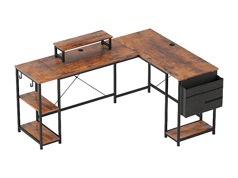 Bureau d’angle en L avec rangements modulables, bois, marron rustique (168x120x90cm)