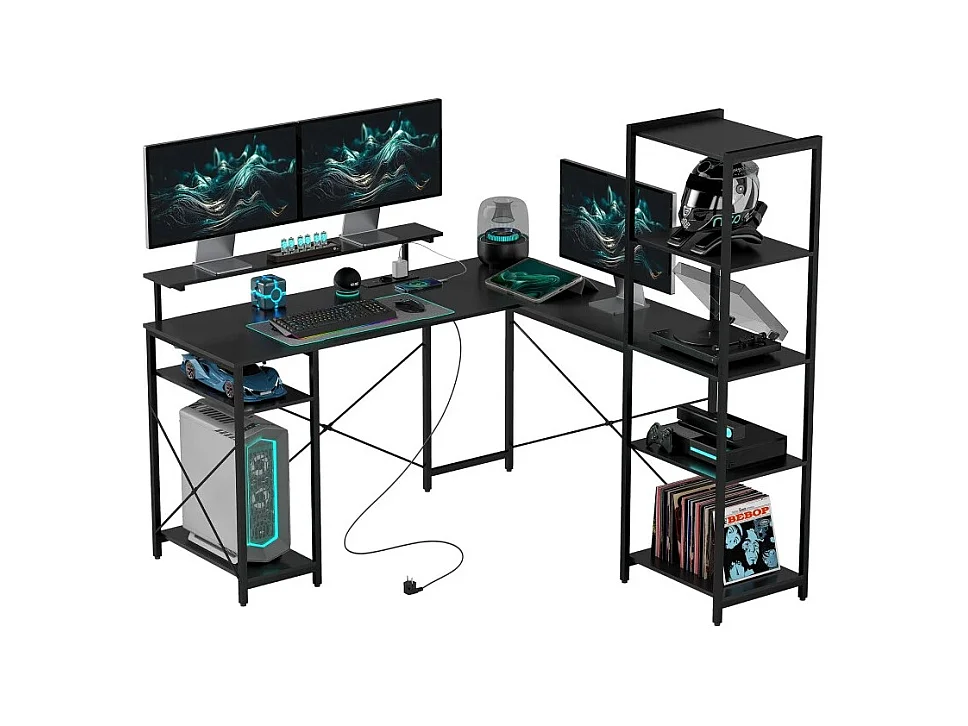 Bureau d’angle en L avec 6 étagères, support écran, USB et prise, métal noir (137x140x139.5cm)