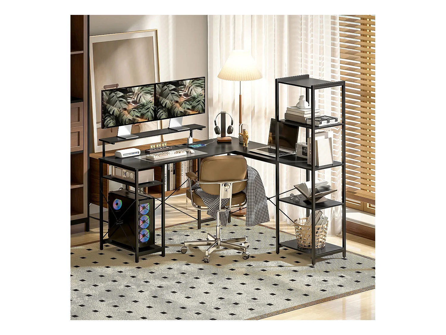 Bureau d’angle en L avec 6 étagères, support écran, USB et prise, métal noir (137x140x139.5cm)