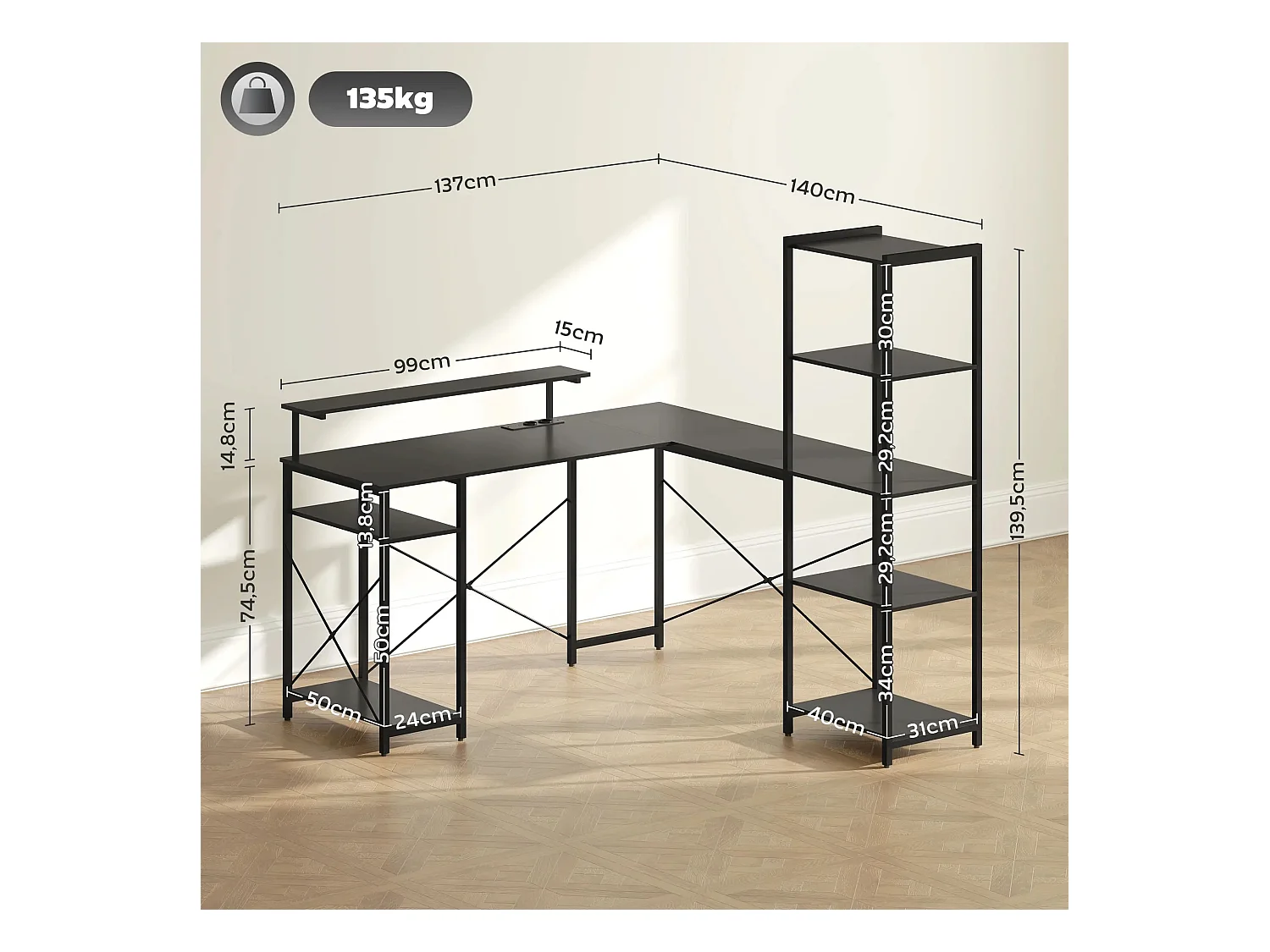 Bureau d’angle en L avec 6 étagères, support écran, USB et prise, métal noir (137x140x139.5cm)