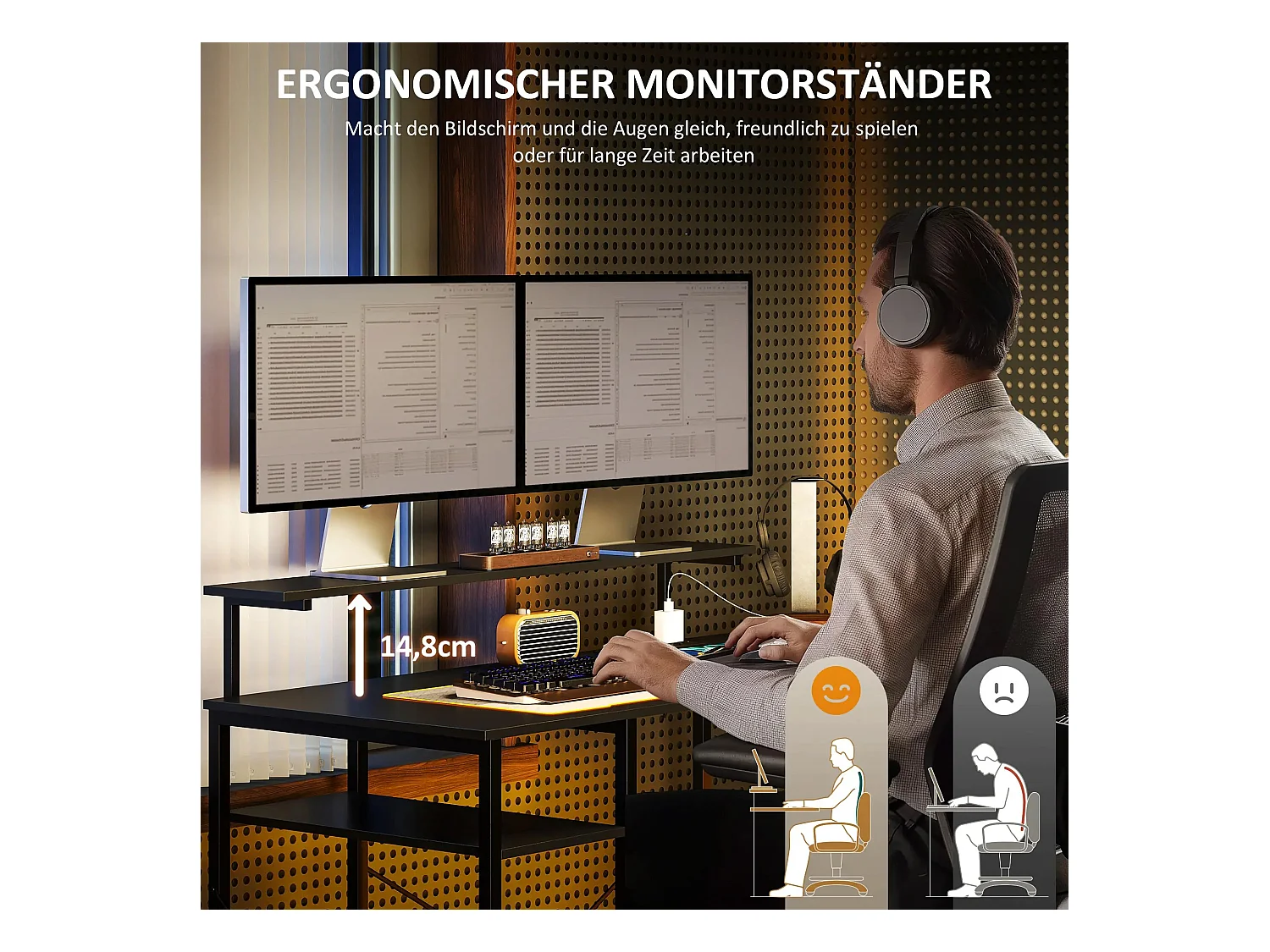 Bureau d’angle en L avec 6 étagères, support écran, USB et prise, métal noir (137x140x139.5cm)