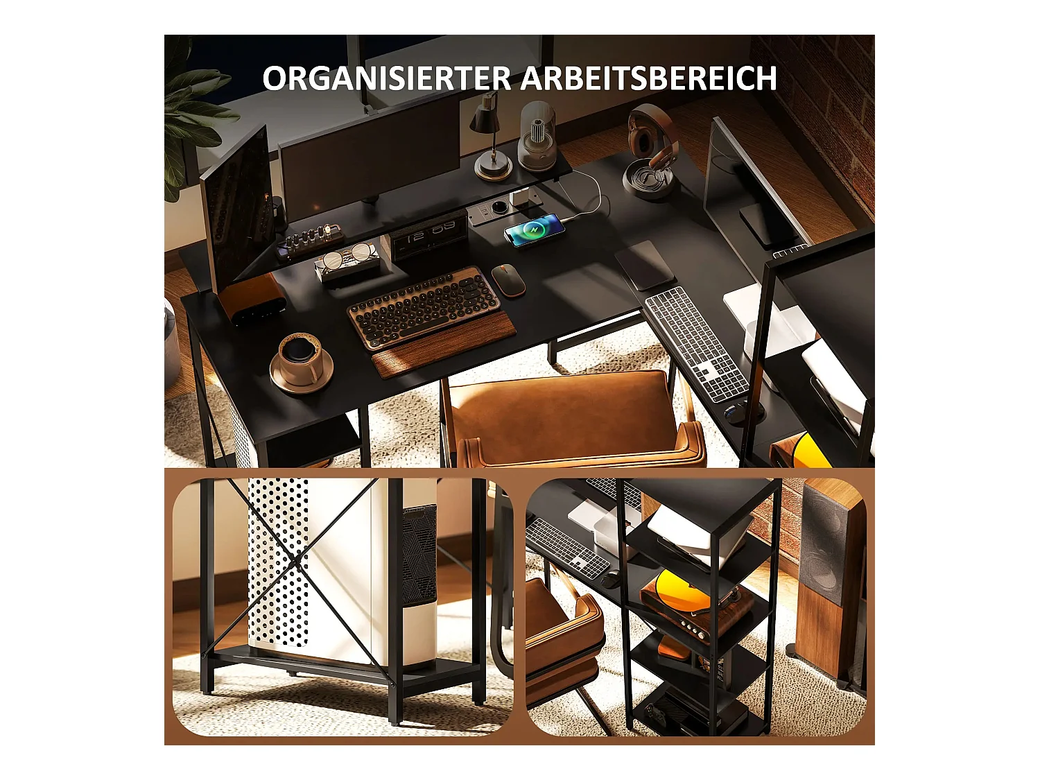 Bureau d’angle en L avec 6 étagères, support écran, USB et prise, métal noir (137x140x139.5cm)