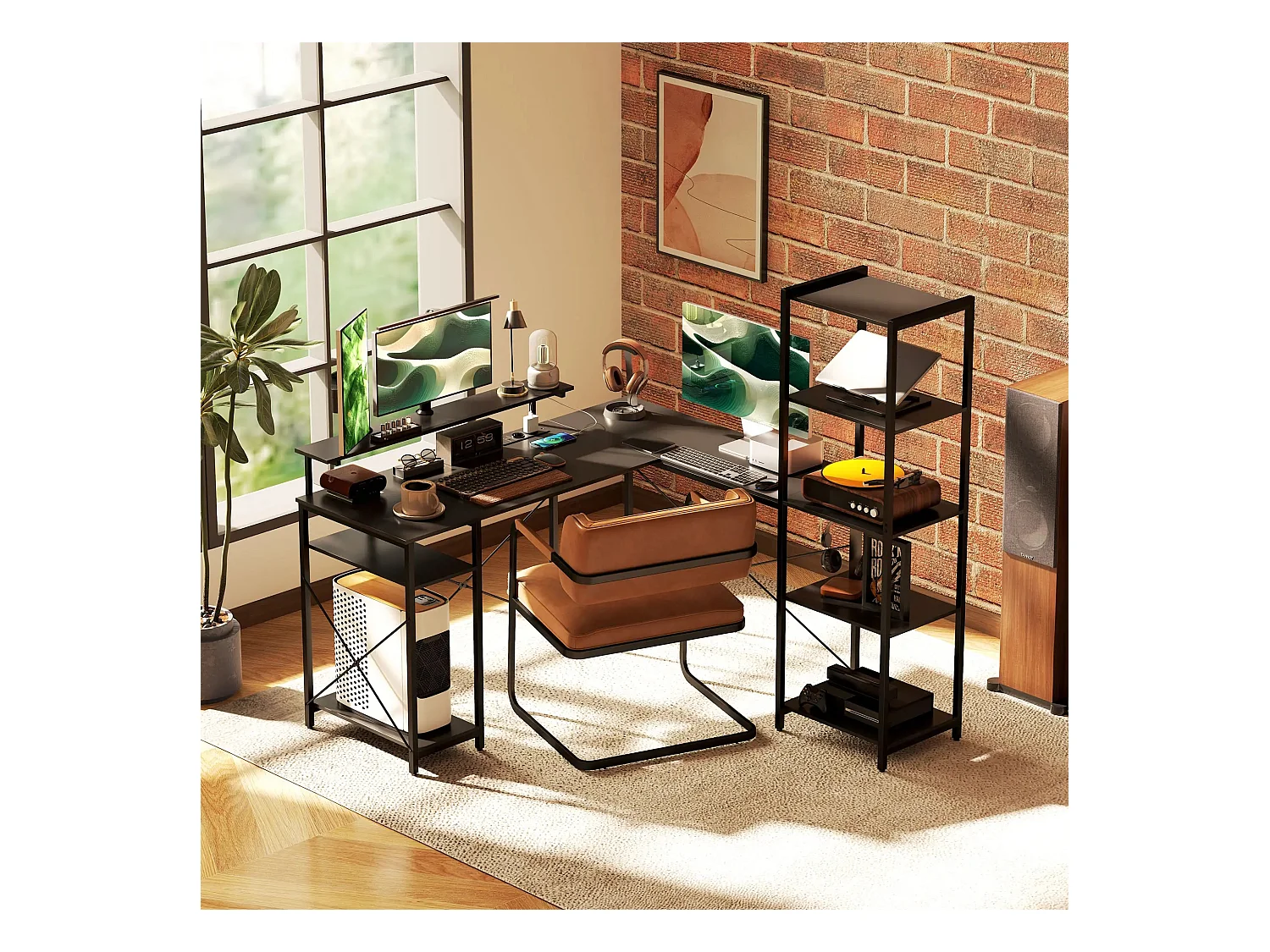 Bureau d’angle en L avec 6 étagères, support écran, USB et prise, métal noir (137x140x139.5cm)