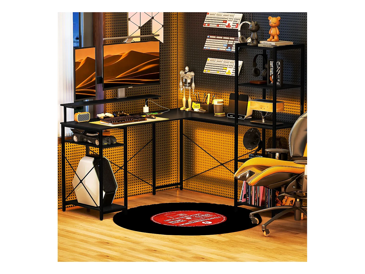 Bureau d’angle en L avec 6 étagères, support écran, USB et prise, métal noir (137x140x139.5cm)