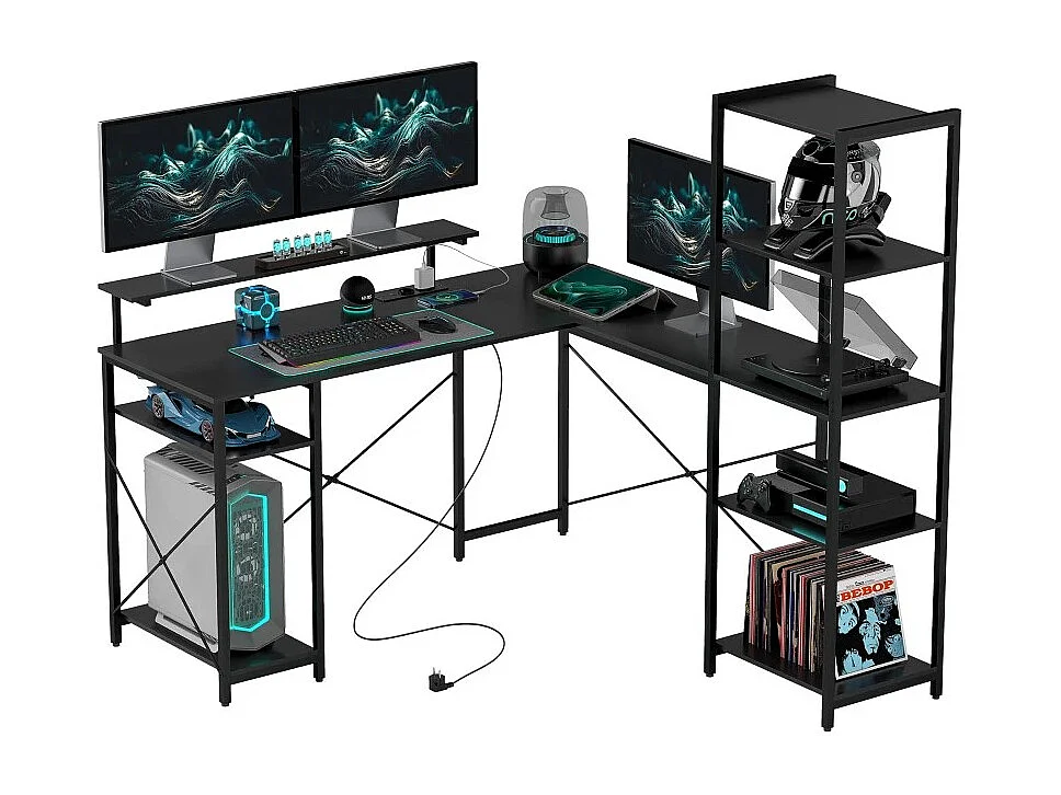 Bureau d’angle en L avec 6 étagères, support écran, USB et prise, métal noir (137x140x139.5cm)