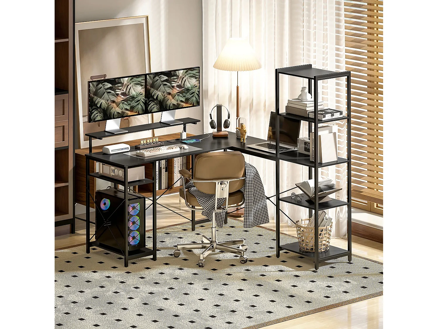 Bureau d’angle en L avec 6 étagères, support écran, USB et prise, métal noir (137x140x139.5cm)