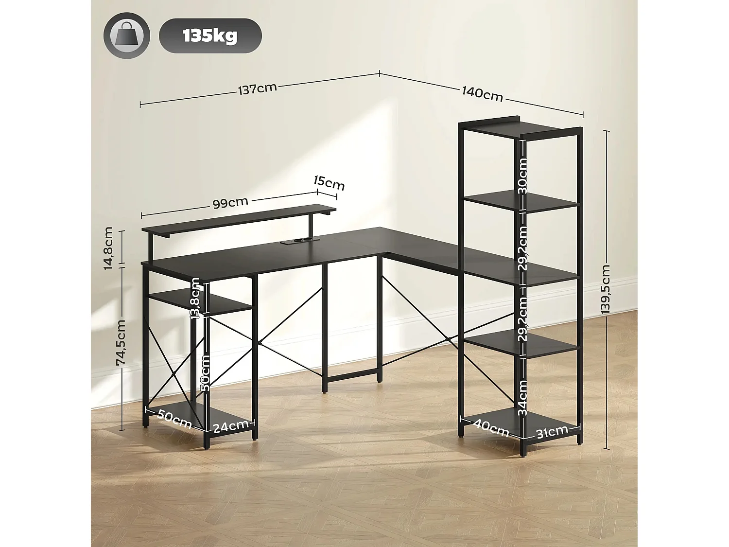 Bureau d’angle en L avec 6 étagères, support écran, USB et prise, métal noir (137x140x139.5cm)