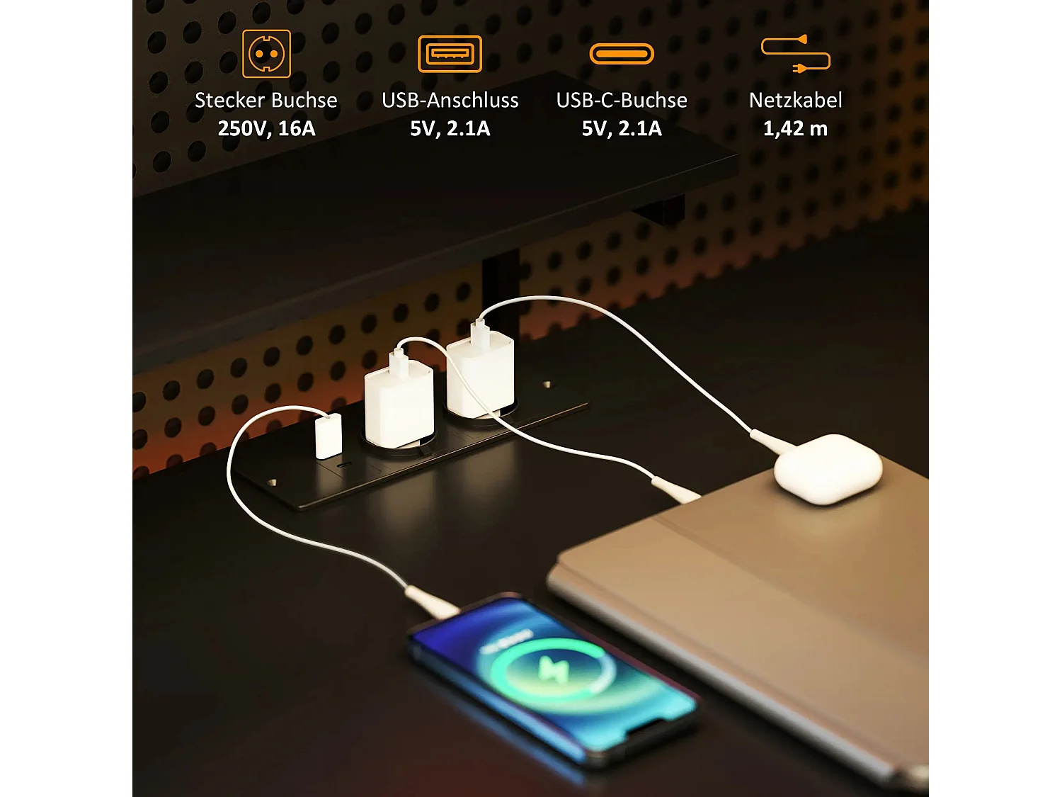 Bureau d’angle en L avec 6 étagères, support écran, USB et prise, métal noir (137x140x139.5cm)