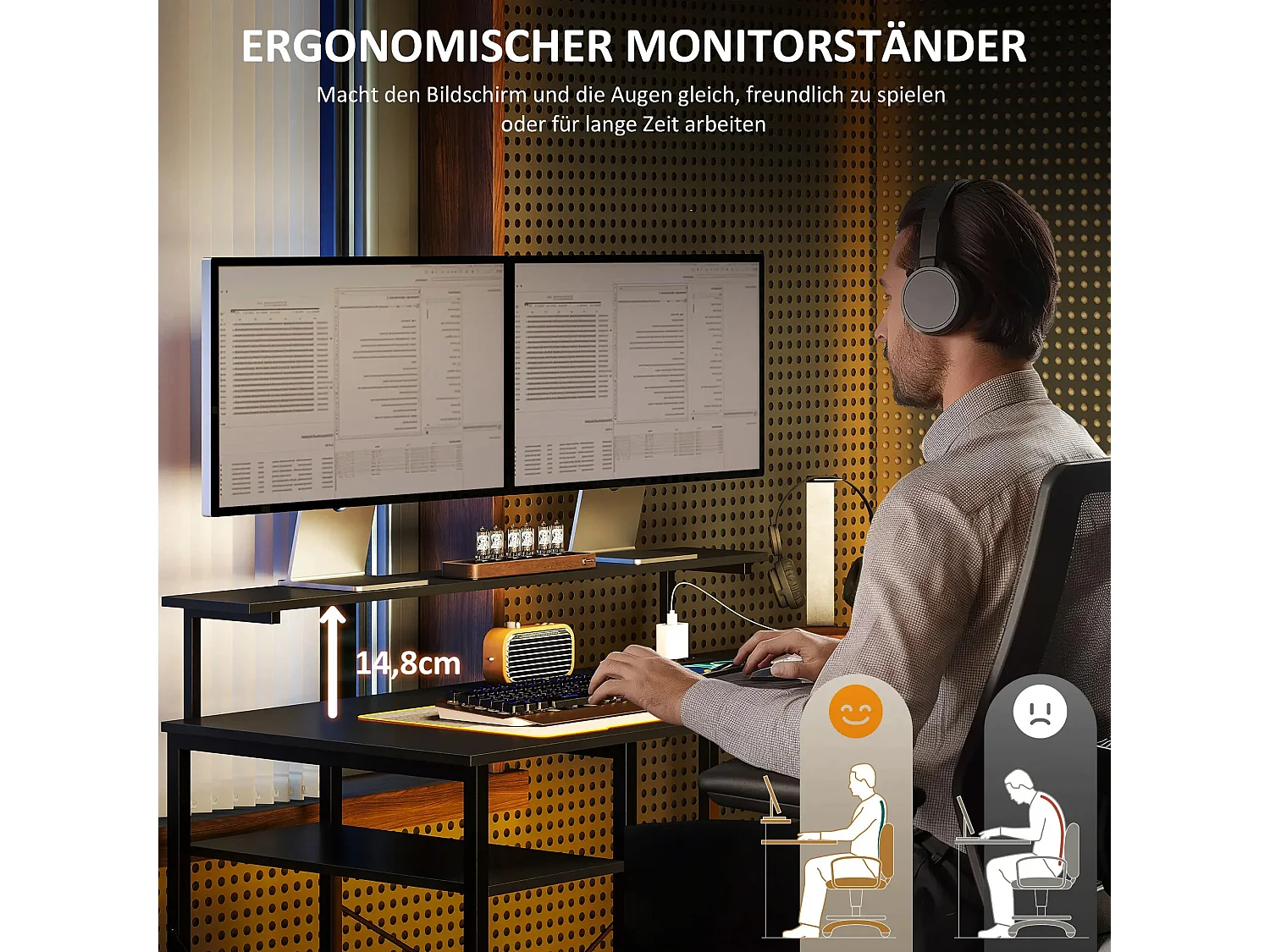 Bureau d’angle en L avec 6 étagères, support écran, USB et prise, métal noir (137x140x139.5cm)