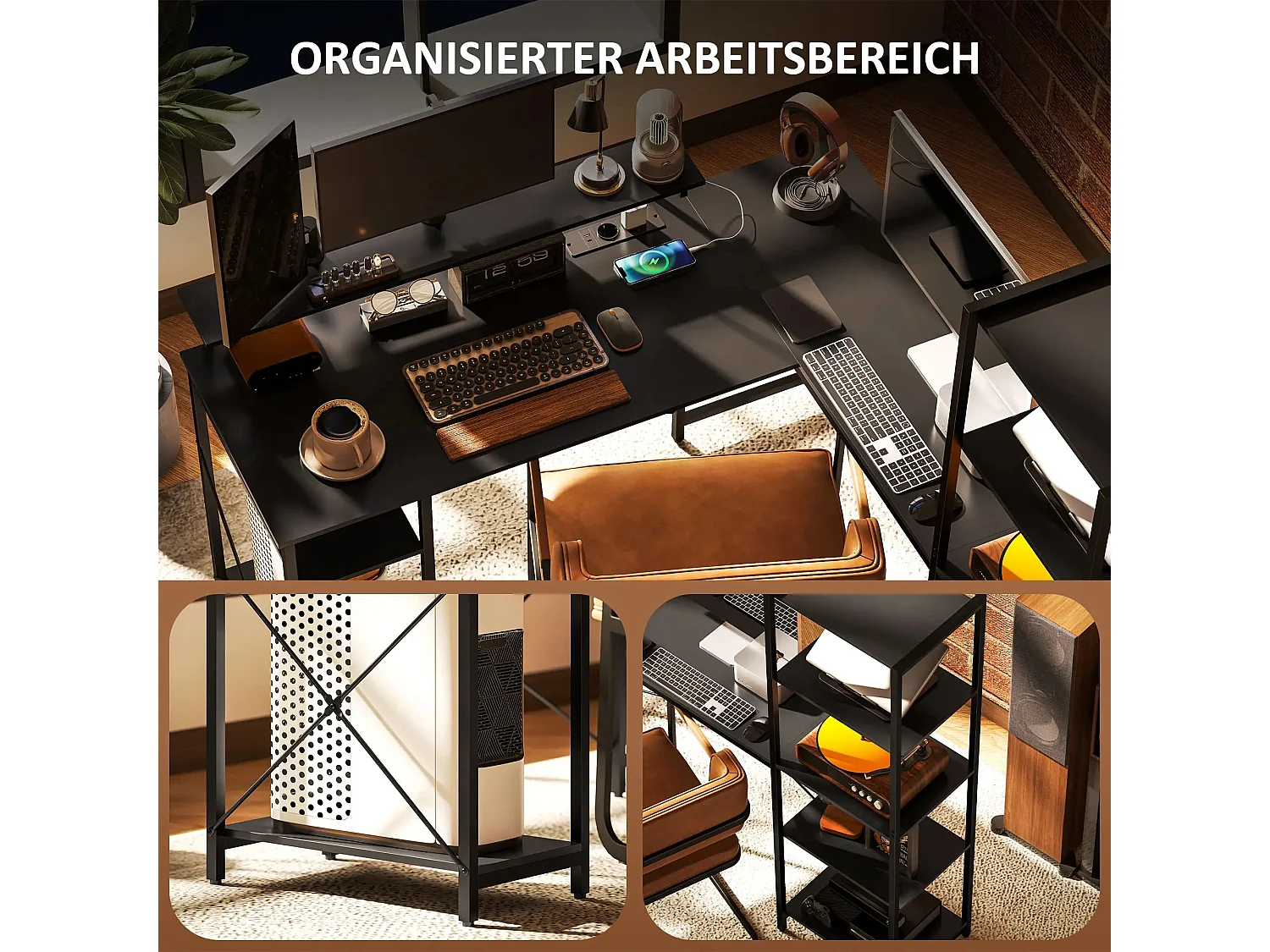 Bureau d’angle en L avec 6 étagères, support écran, USB et prise, métal noir (137x140x139.5cm)