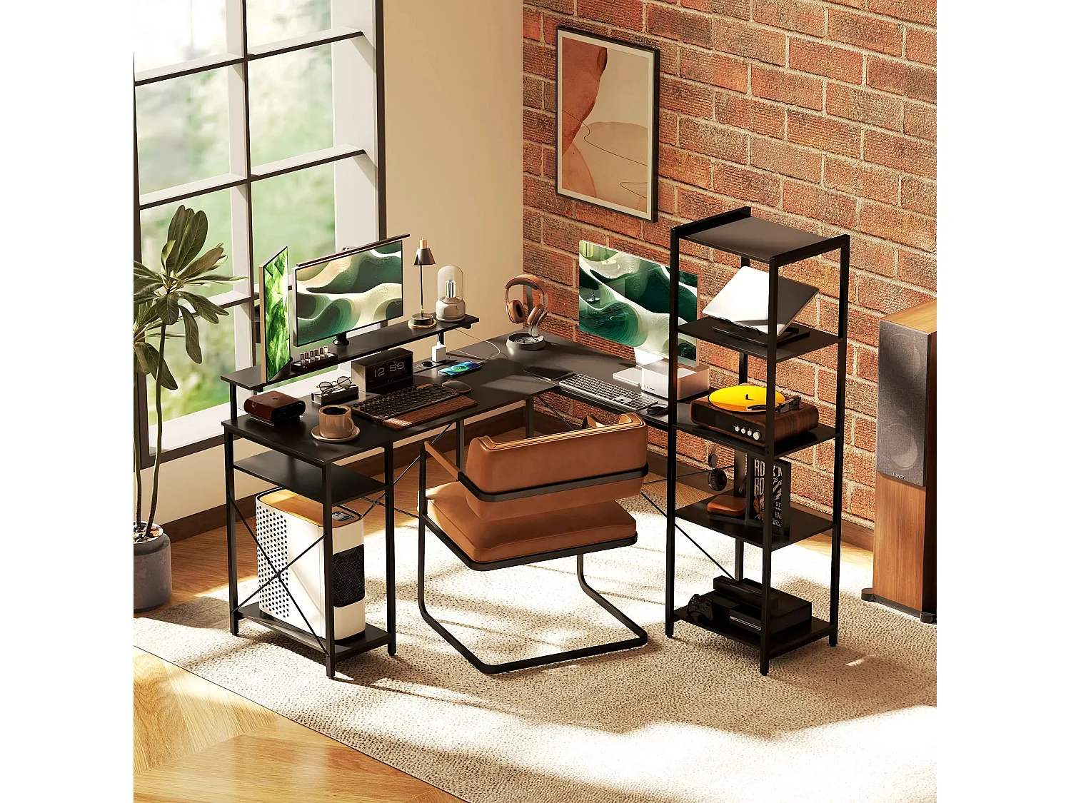 Bureau d’angle en L avec 6 étagères, support écran, USB et prise, métal noir (137x140x139.5cm)