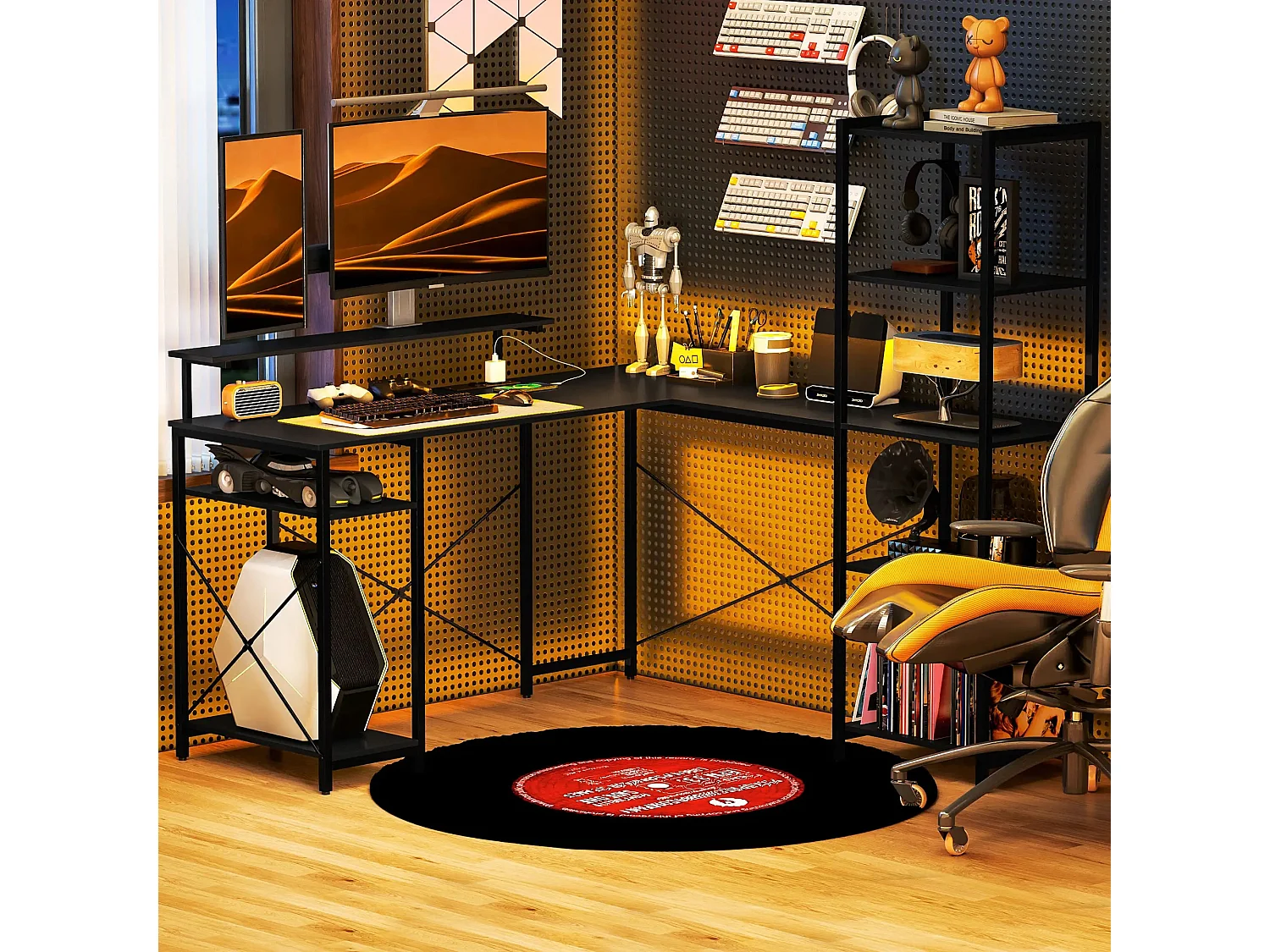 Bureau d’angle en L avec 6 étagères, support écran, USB et prise, métal noir (137x140x139.5cm)