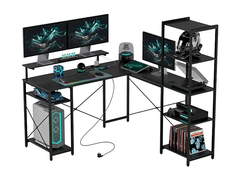 L-vormig hoekbureau met 6 planken, monitorstandaard, USB en stopcontact, zwart metaal (137x140x139,5cm)