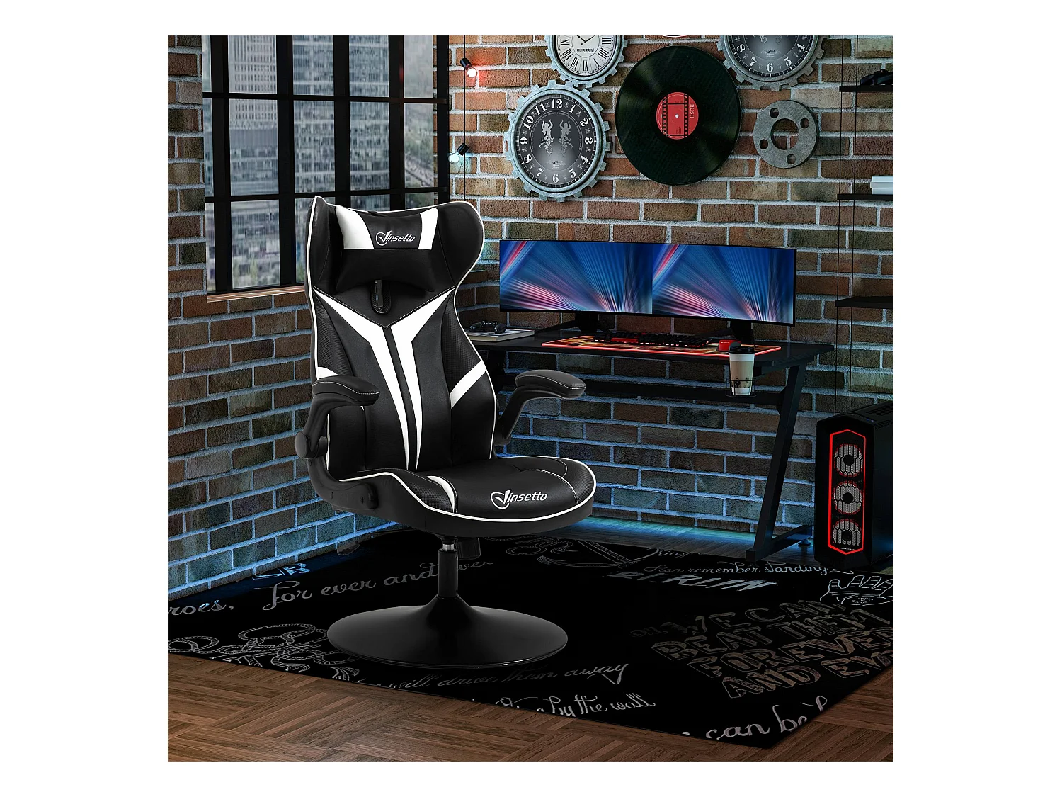 Chaise de gaming ergonomique, avec fonction basculante, en cuir synthétique, noir et blanc, (67x75x106-112 cm)