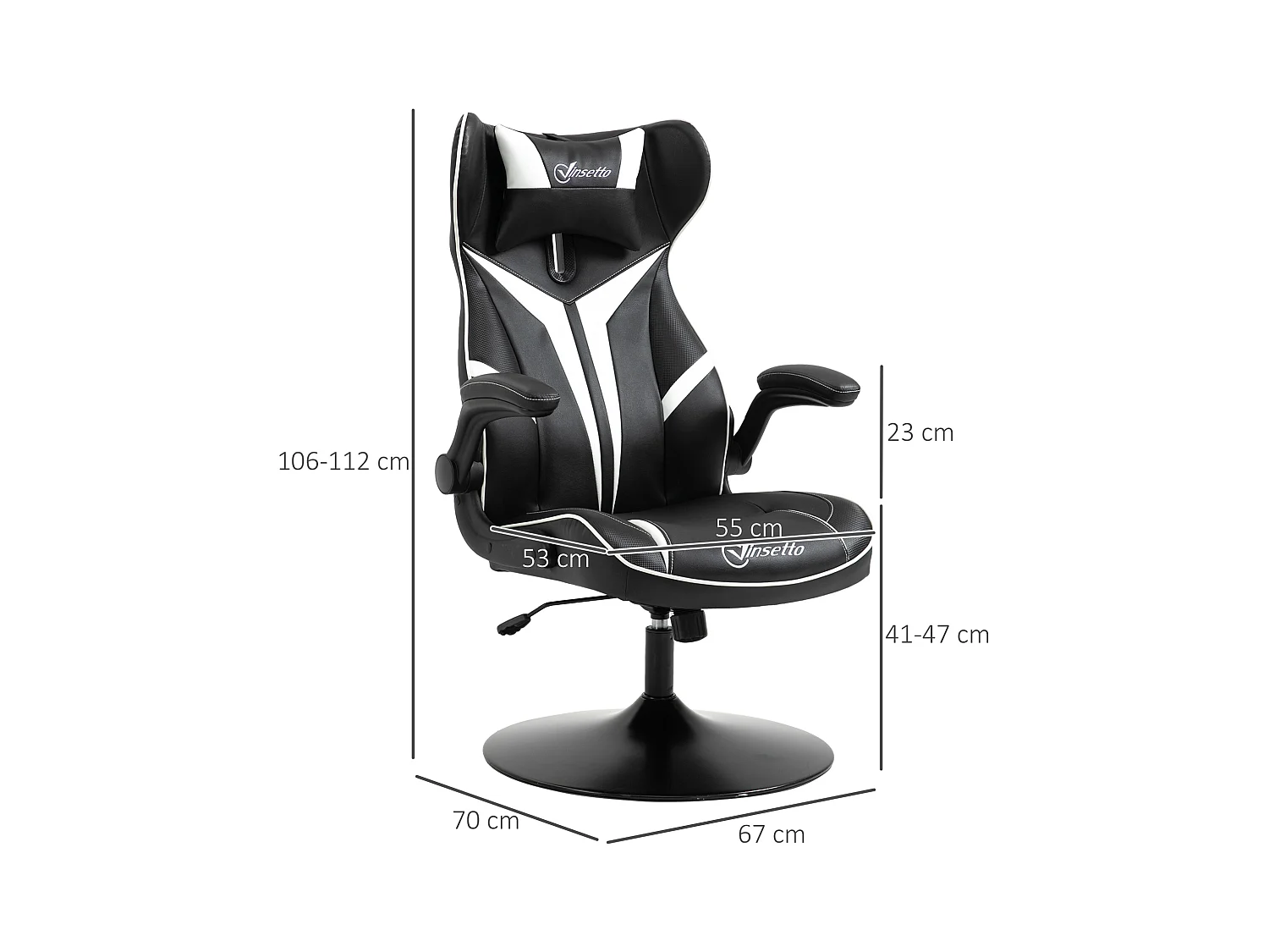 Chaise de gaming ergonomique, avec fonction basculante, en cuir synthétique, noir et blanc, (67x75x106-112 cm)