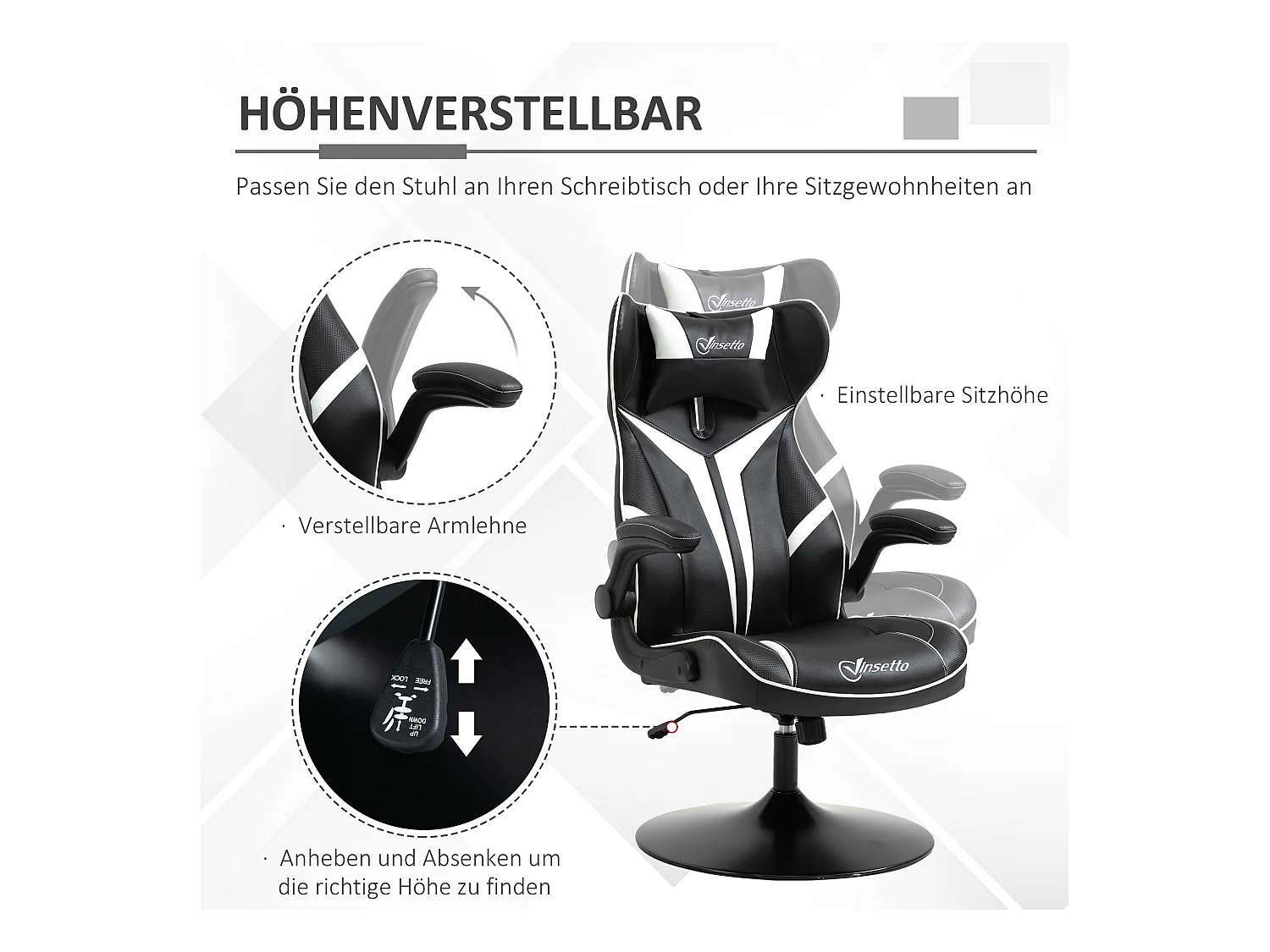 Chaise de gaming ergonomique, avec fonction basculante, en cuir synthétique, noir et blanc, (67x75x106-112 cm)