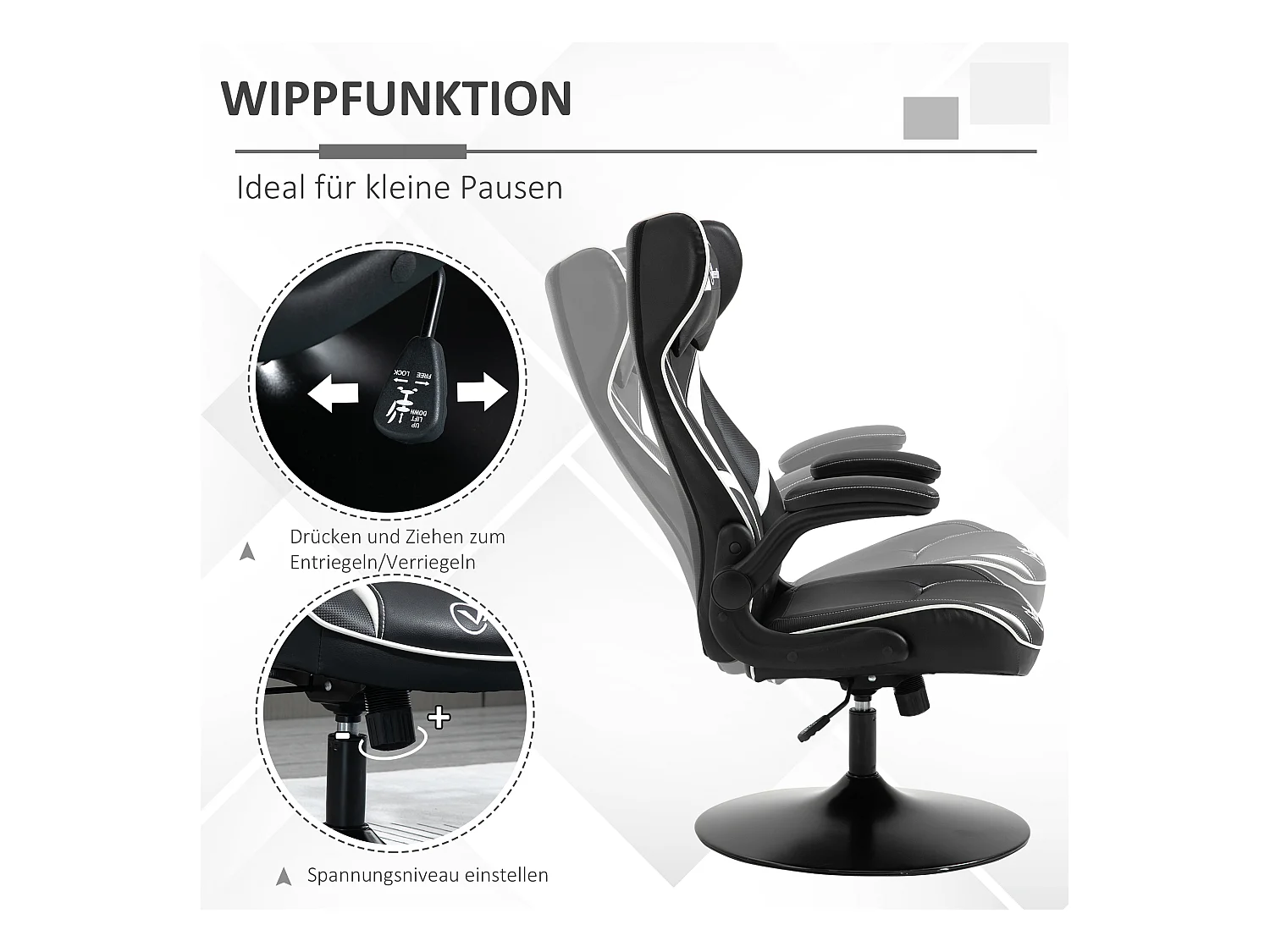 Chaise de gaming ergonomique, avec fonction basculante, en cuir synthétique, noir et blanc, (67x75x106-112 cm)