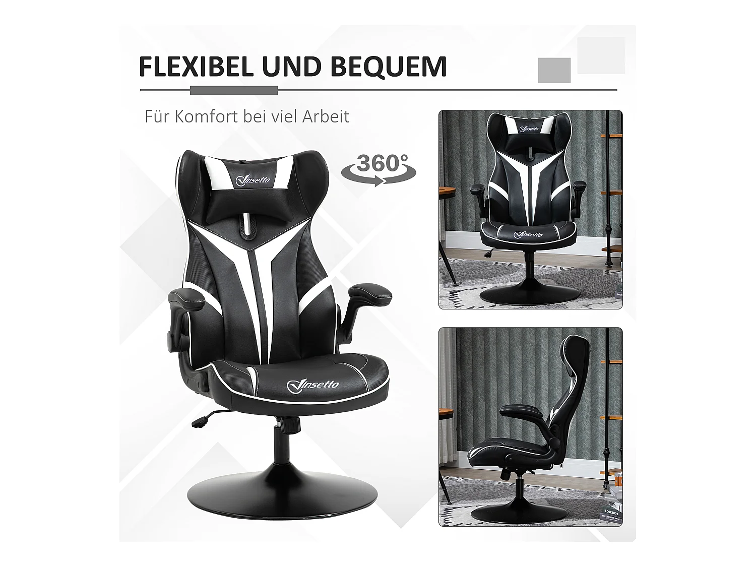 Chaise de gaming ergonomique, avec fonction basculante, en cuir synthétique, noir et blanc, (67x75x106-112 cm)