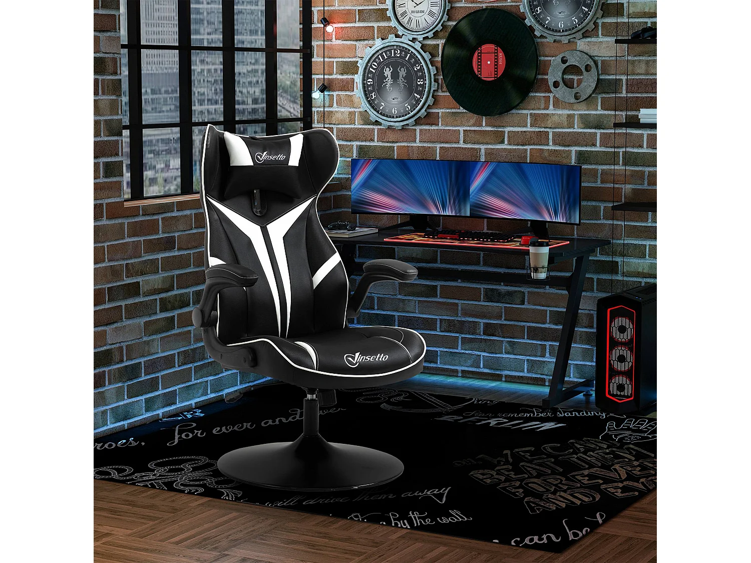 Sedia da gaming ergonomica con funzione di dondolo, in similpelle, nera e bianca, (67x75x106-112 cm)