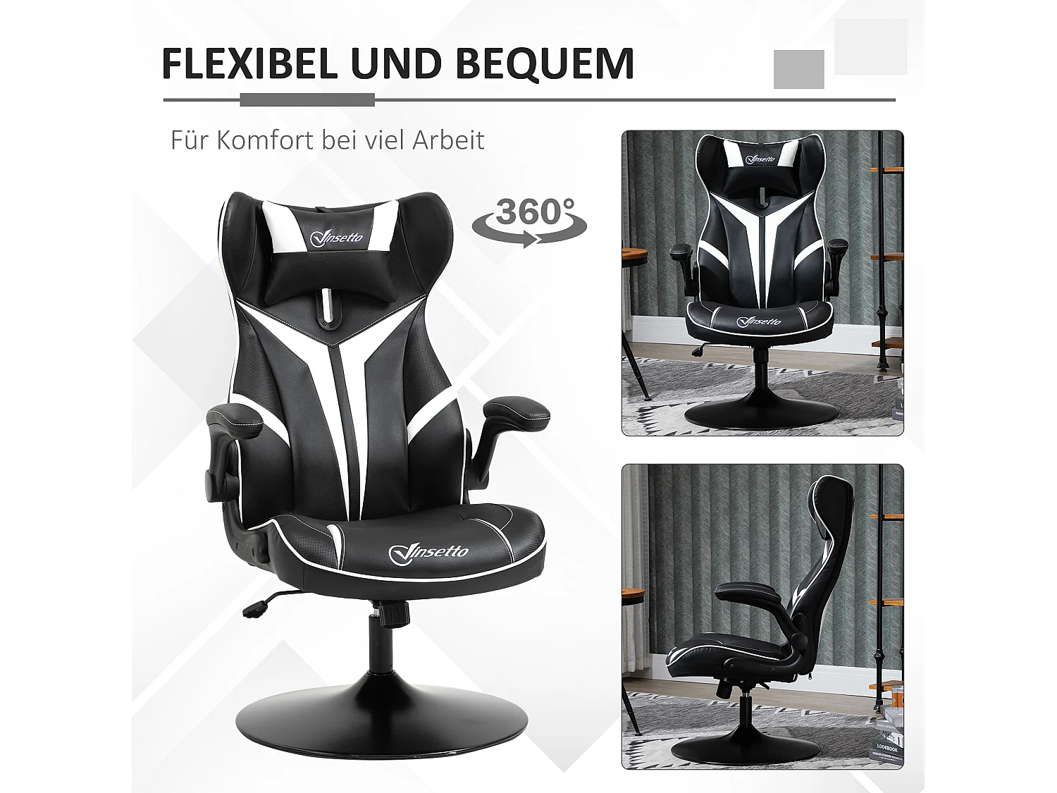 Sedia da gaming ergonomica con funzione di dondolo, in similpelle, nera e bianca, (67x75x106-112 cm)