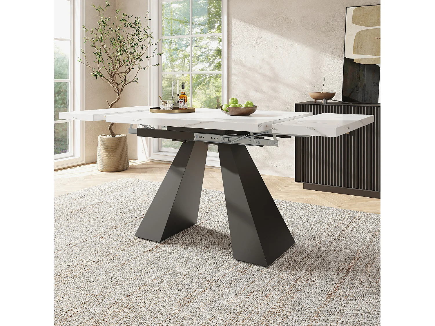 Uitschuifbare tafel (99-159×74 cm), eettafel, MDF en metaal, wit en zwart (99-159×74×77 cm)