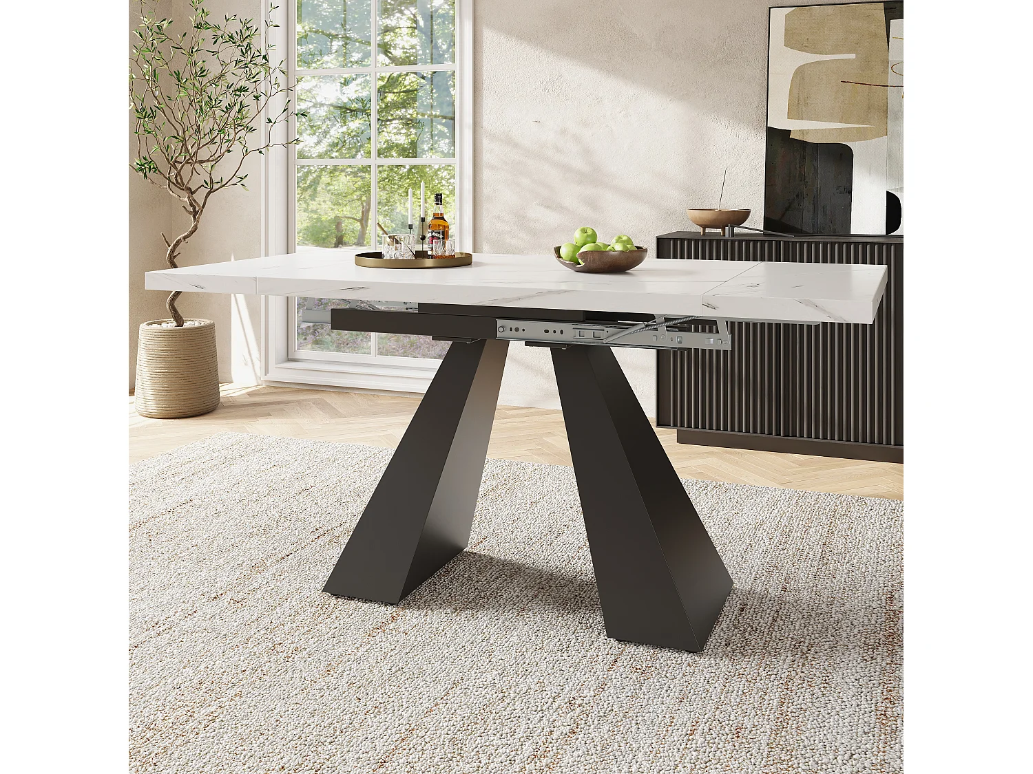 Uitschuifbare tafel (99-159×74 cm), eettafel, MDF en metaal, wit en zwart (99-159×74×77 cm)