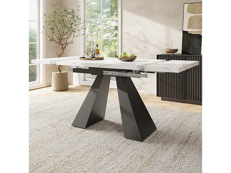Uitschuifbare tafel (99-159×74 cm), eettafel, MDF en metaal, wit en zwart (99-159×74×77 cm)