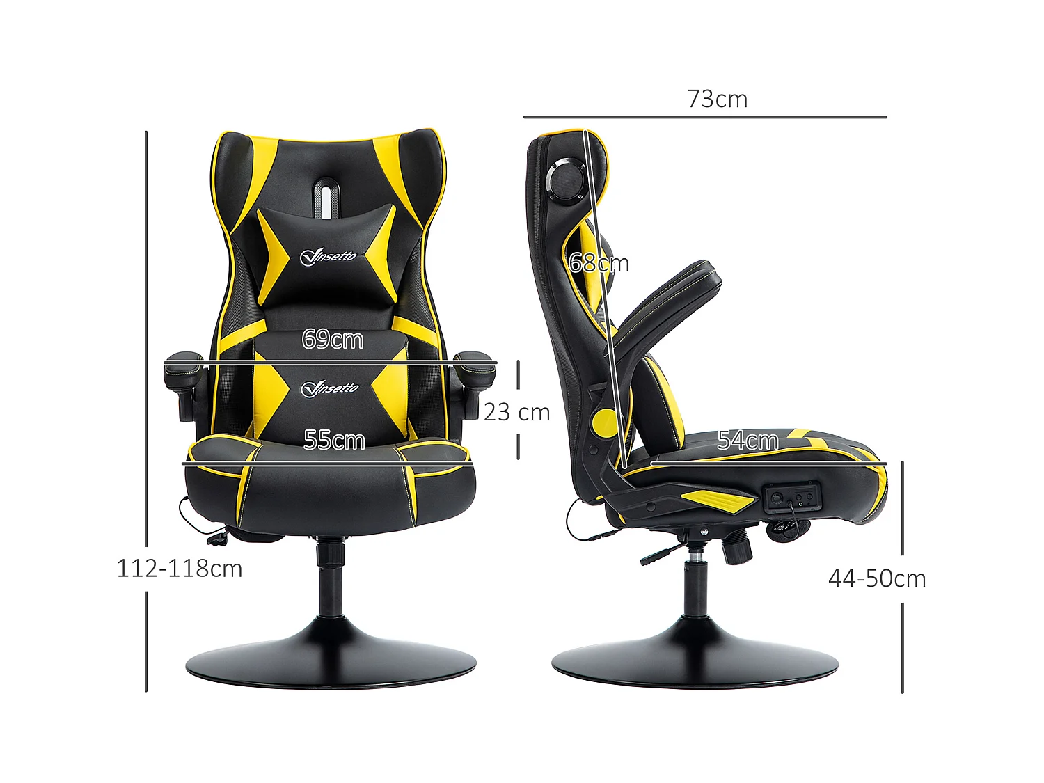 Fauteuil gamer avec fonction bascule, hautement réglable, cuir PU, noir et jaune (69x73x118 cm)