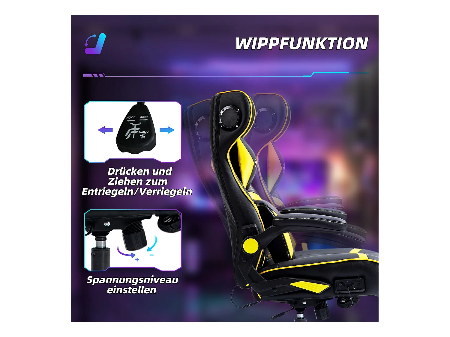 Fauteuil gamer avec fonction bascule, hautement réglable, cuir PU, noir et jaune (69x73x118 cm)