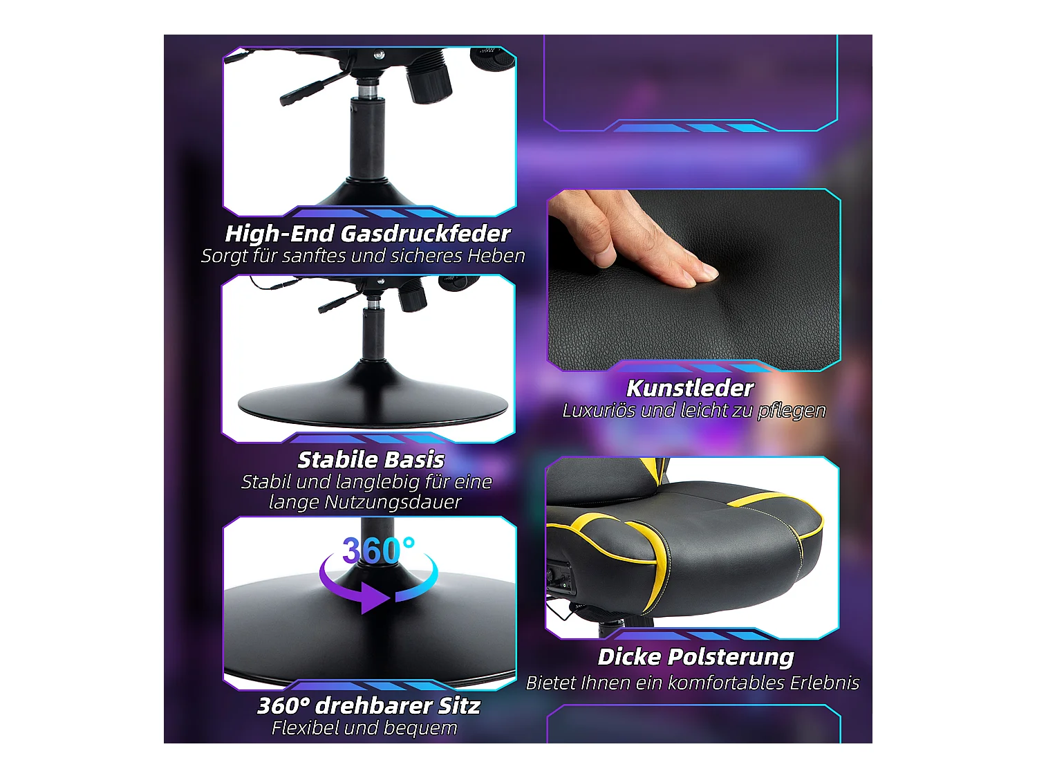 Fauteuil gamer avec fonction bascule, hautement réglable, cuir PU, noir et jaune (69x73x118 cm)