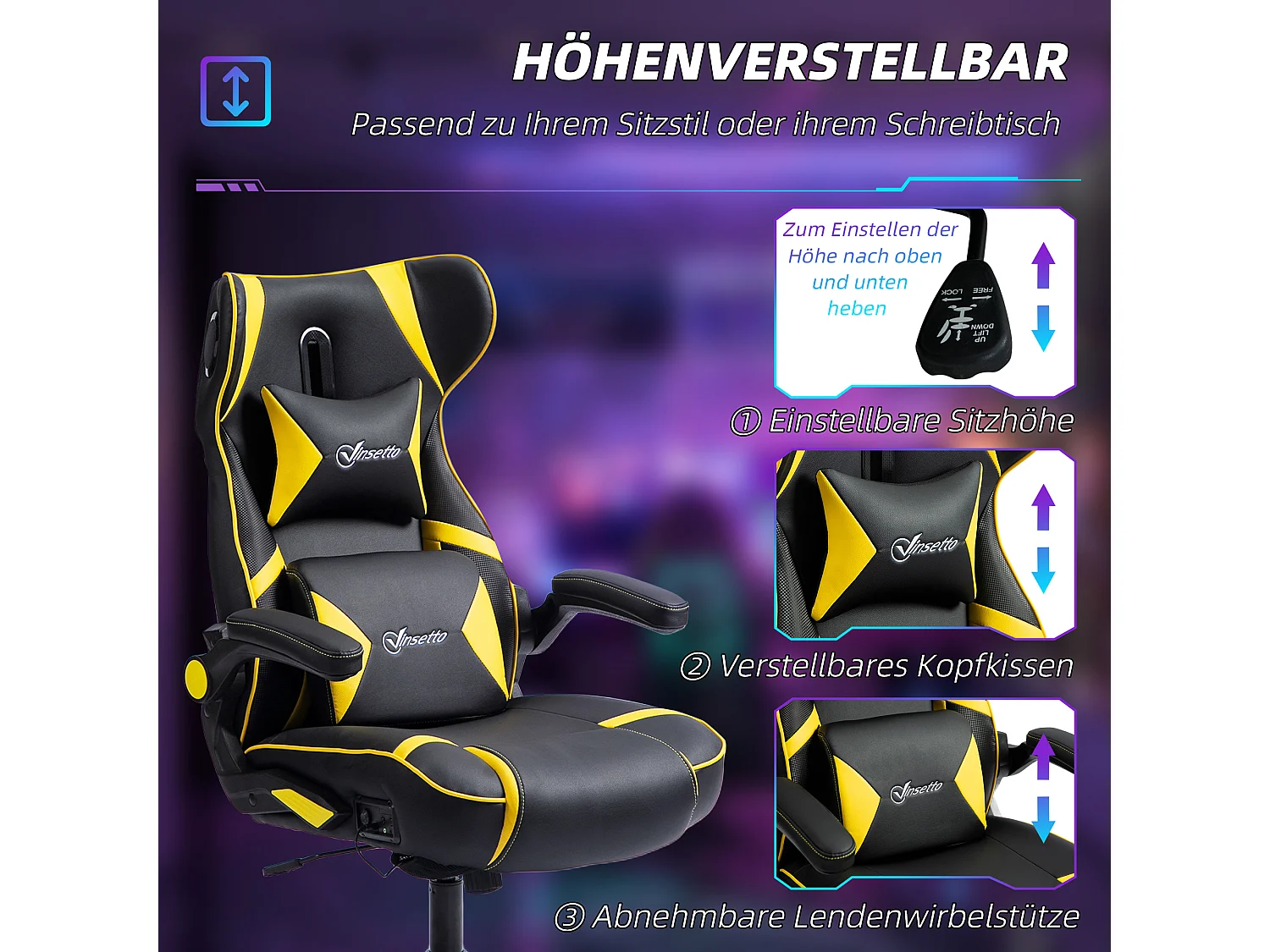 Fauteuil gamer avec fonction bascule, hautement réglable, cuir PU, noir et jaune (69x73x118 cm)