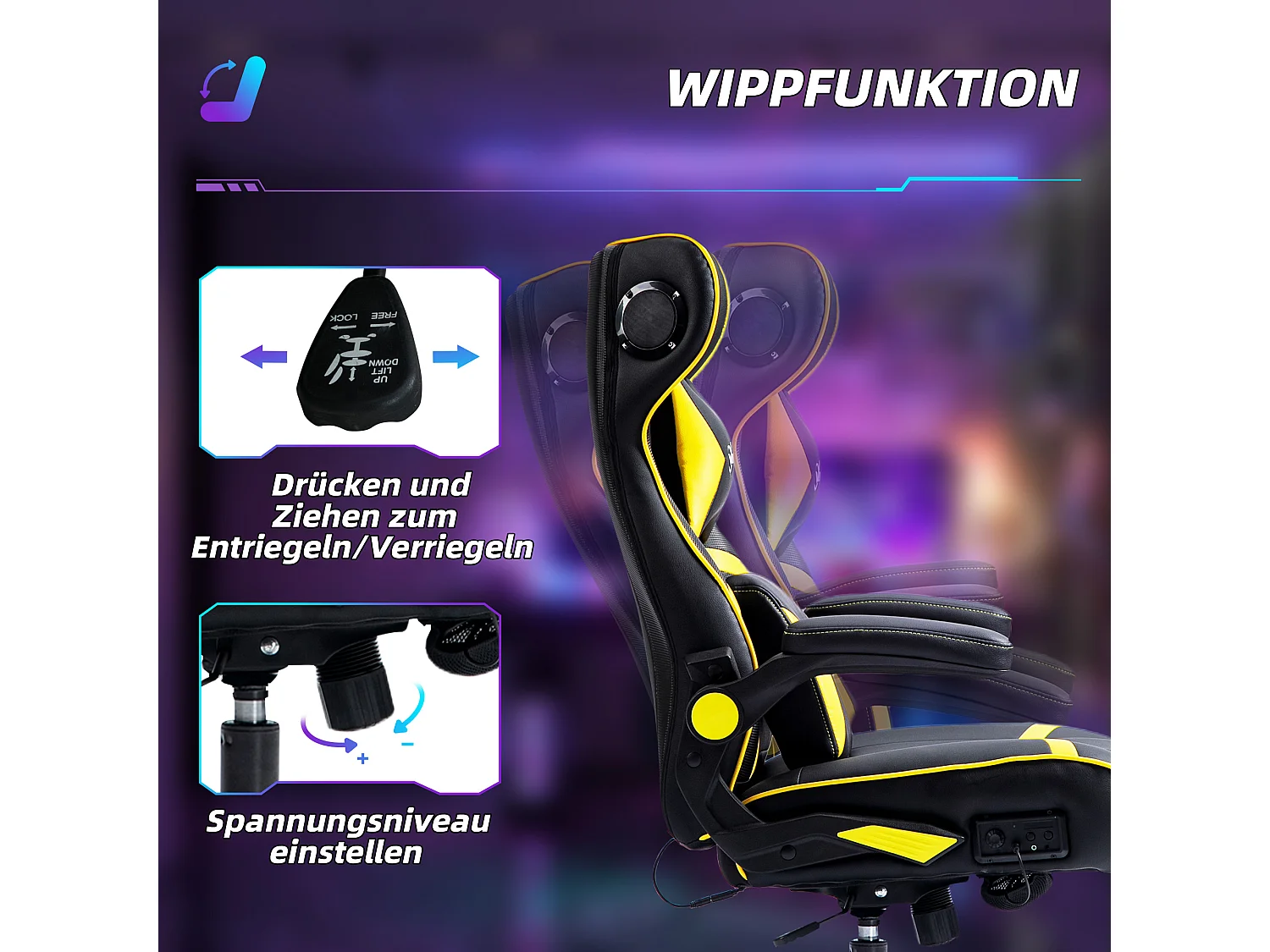 Fauteuil gamer avec fonction bascule, hautement réglable, cuir PU, noir et jaune (69x73x118 cm)