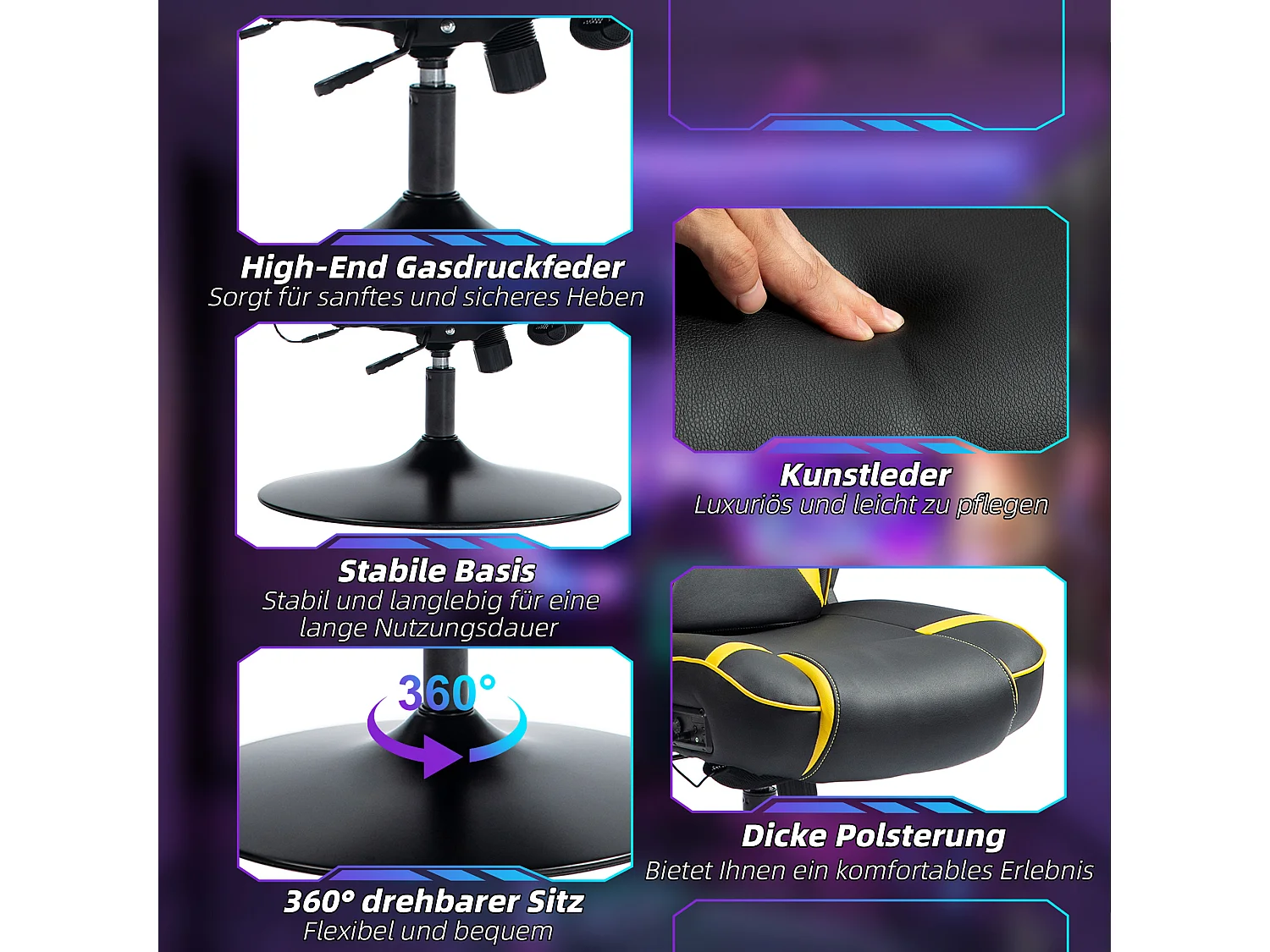 Fauteuil gamer avec fonction bascule, hautement réglable, cuir PU, noir et jaune (69x73x118 cm)