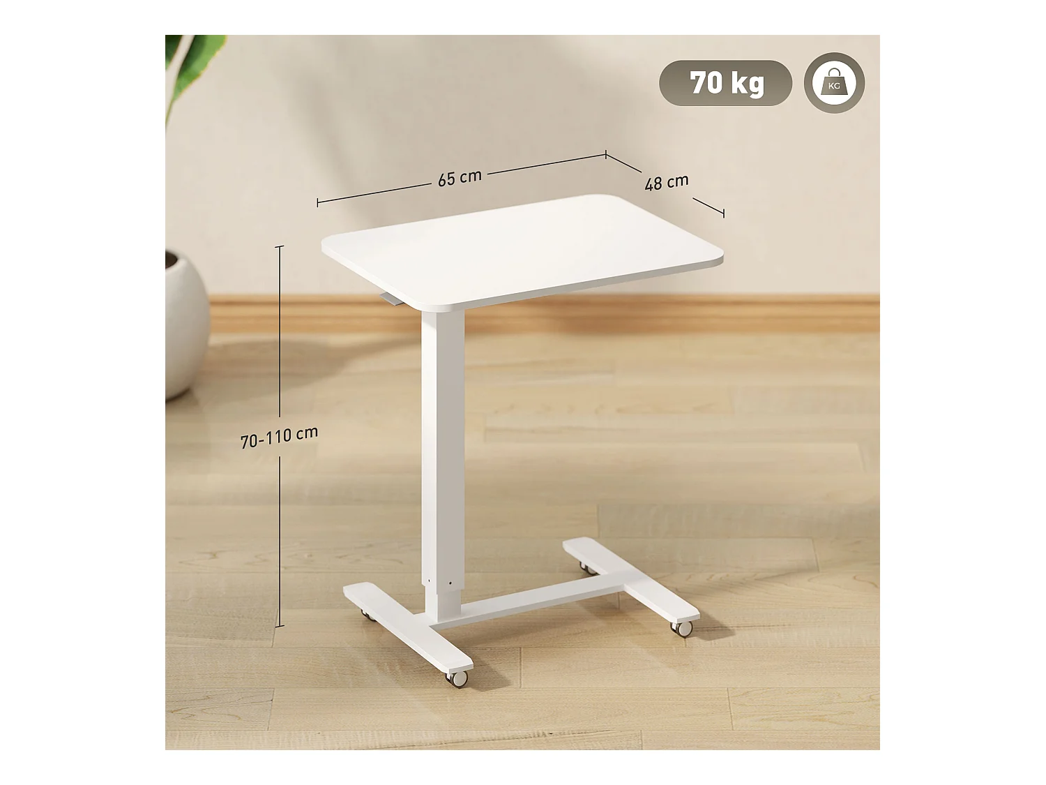 Table de bureau réglable en hauteur, acier, blanc (65x48x70-110 cm)