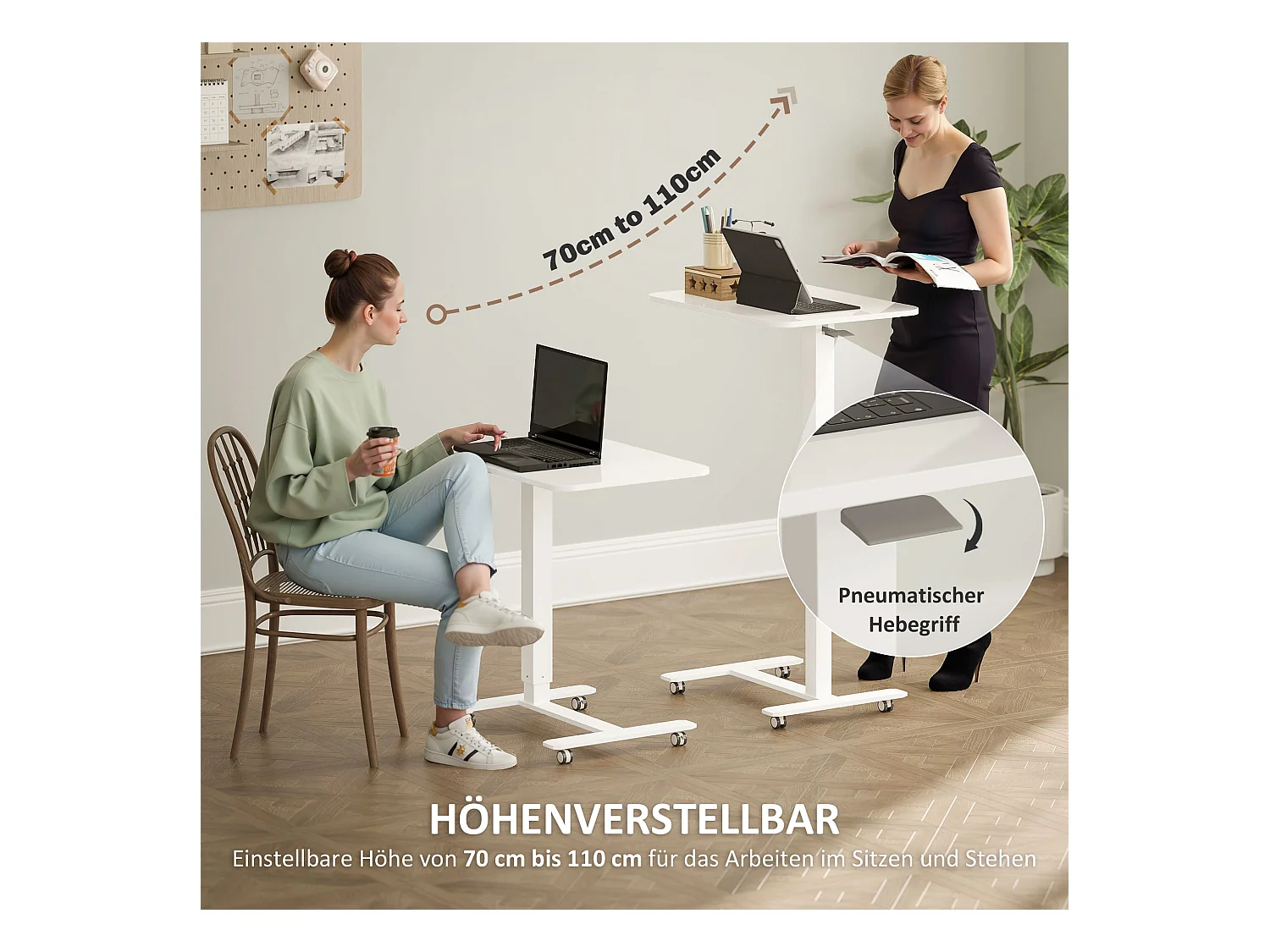 Table de bureau réglable en hauteur, acier, blanc (65x48x70-110 cm)