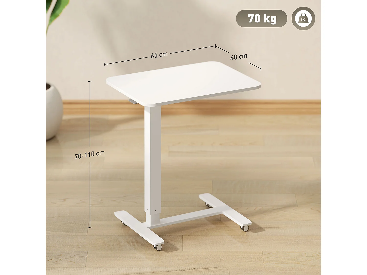 Table de bureau réglable en hauteur, acier, blanc (65x48x70-110 cm)