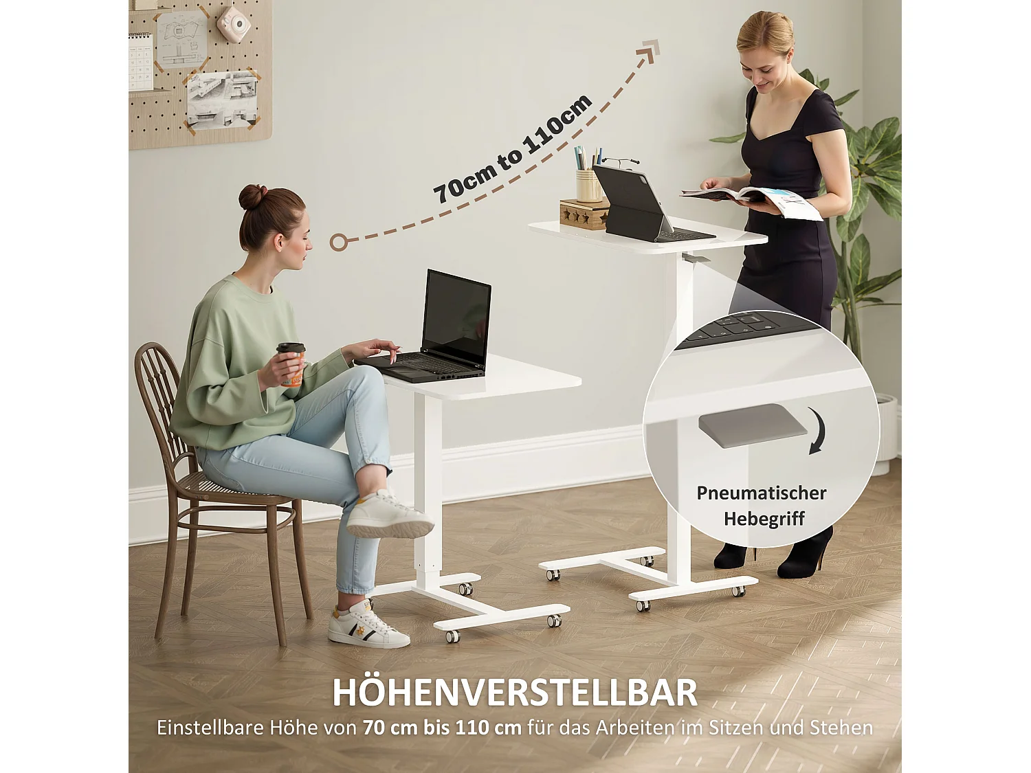 Table de bureau réglable en hauteur, acier, blanc (65x48x70-110 cm)