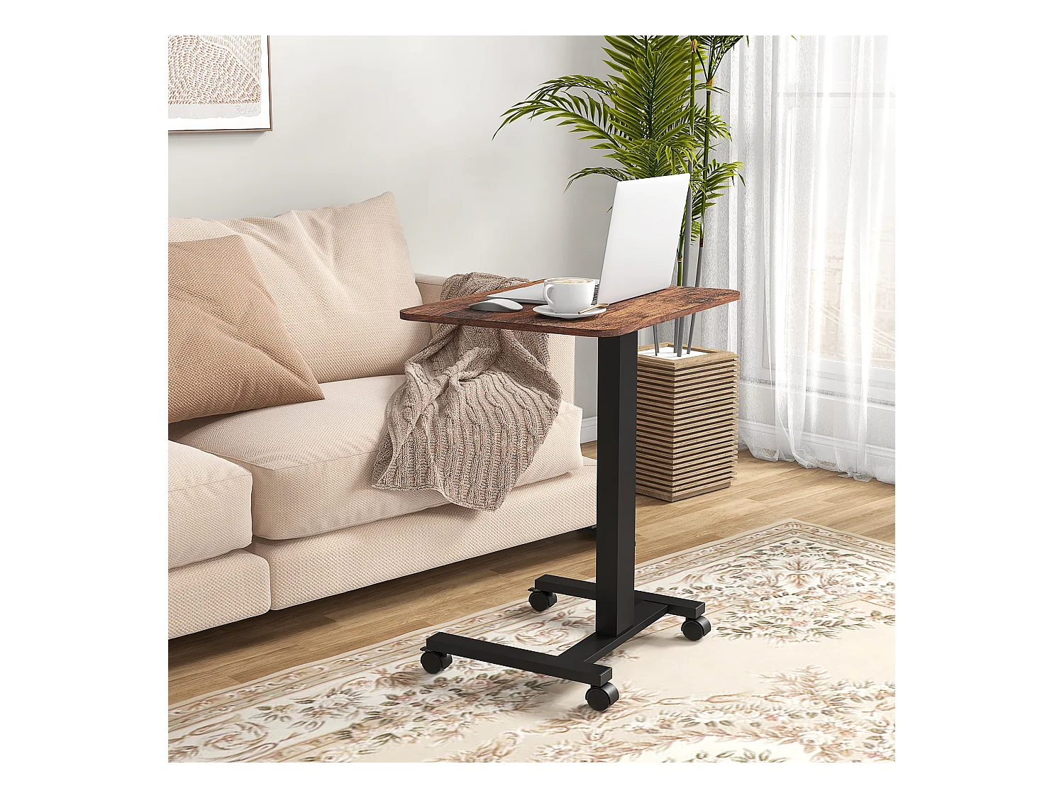 Table de travail réglable en hauteur, avec 4 roulettes, 2 freins, Panneau de particules, Rustique-Brun (65x48x108 cm)