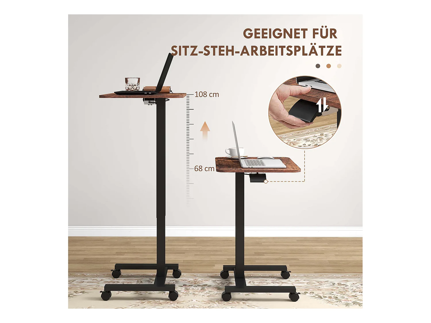 Table de travail réglable en hauteur, avec 4 roulettes, 2 freins, Panneau de particules, Rustique-Brun (65x48x108 cm)